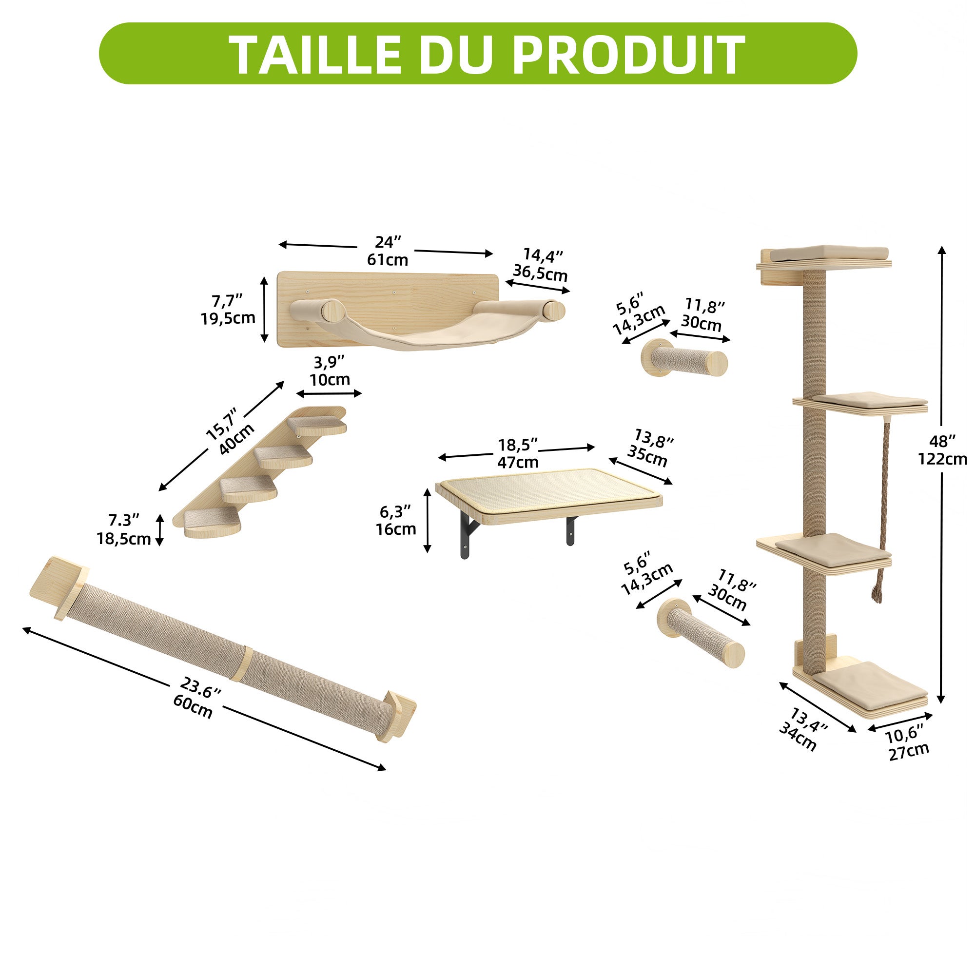 Balconera Ensemble de murs d'escalade pour chat 7 pièces, arbre à chat avec 3 griffoirs et 4 marches, montage mural, beige - 4