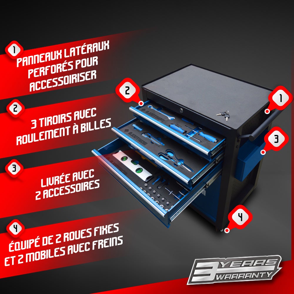 Servante d'atelier 3 tiroirs + espace de rangement + accessoires - Movitools - 2