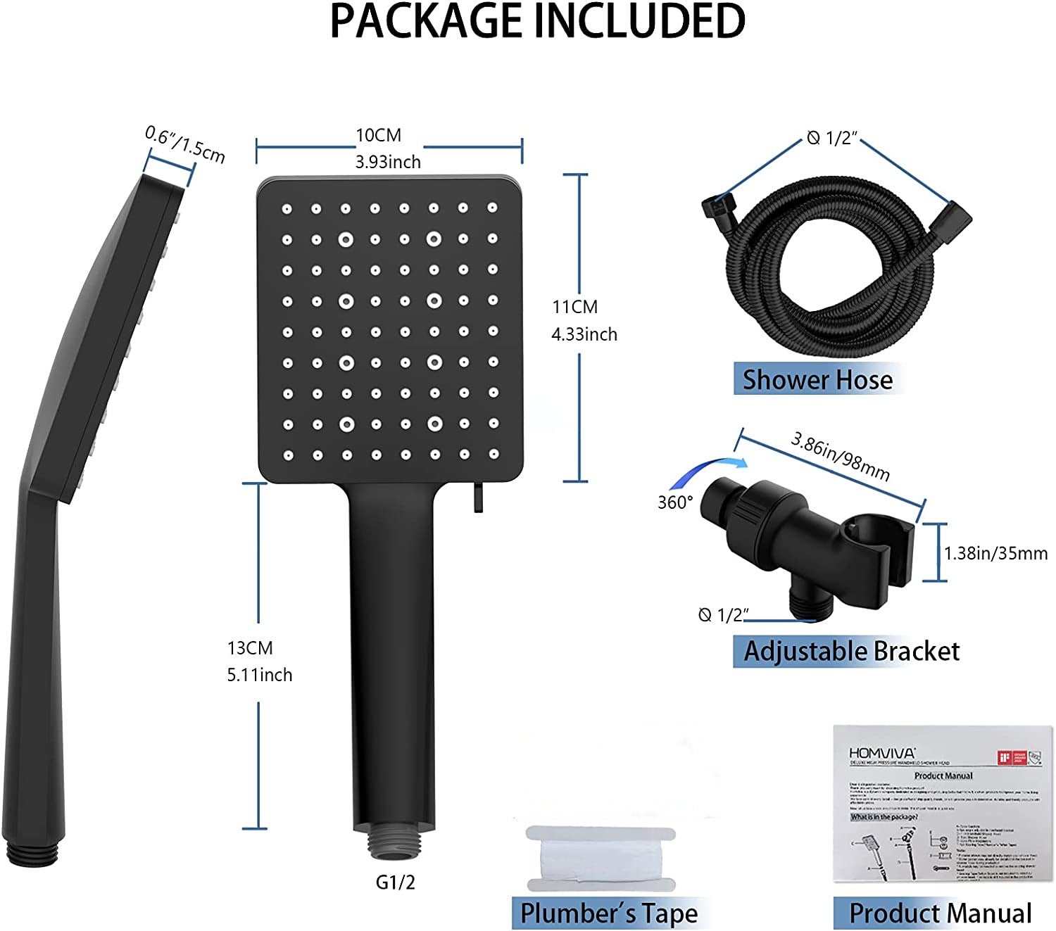 G-Promise Cabezal De Ducha Cuadrado Doble De Metal De 14 Pulgadas Con Combo De Rociador De Mano, Cabezal De Ducha De Lluvia, Brazo De Extensión Ajustable, Desviador De 3 Vías, Manguera