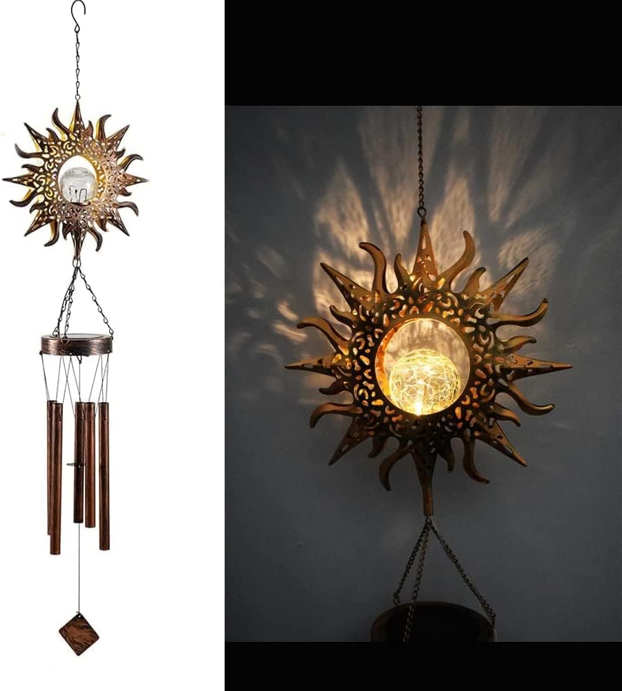 Dzwonek wiatrowy zasilany energią słoneczną – zewnętrzne, wodoodporne, metalowe, solarne lampki nocne LED na patio, trawnik, podwórko, patio