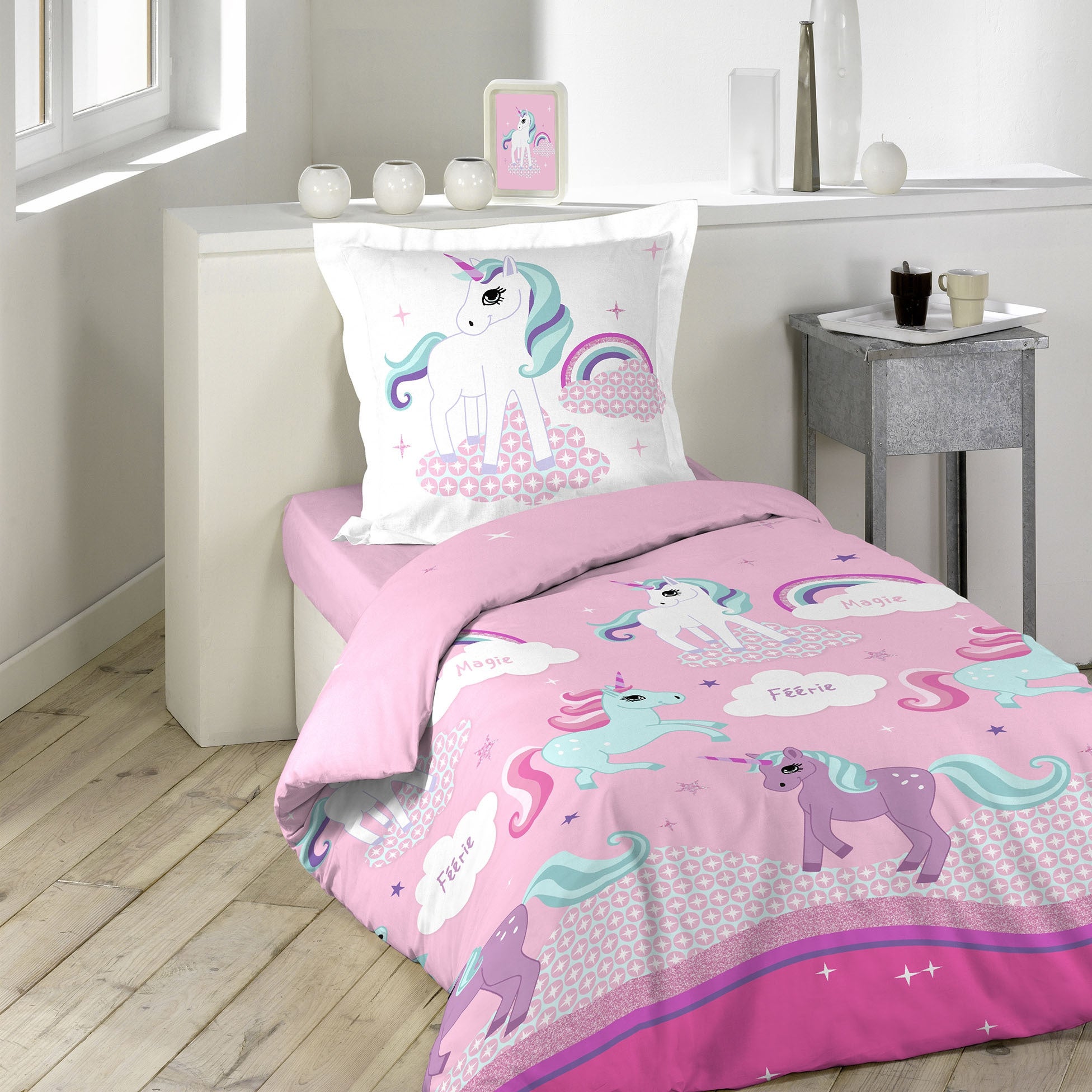 Pack parure de couette enfant 140x200 cm Licorne + drap housse 90x190 Blanc - 2