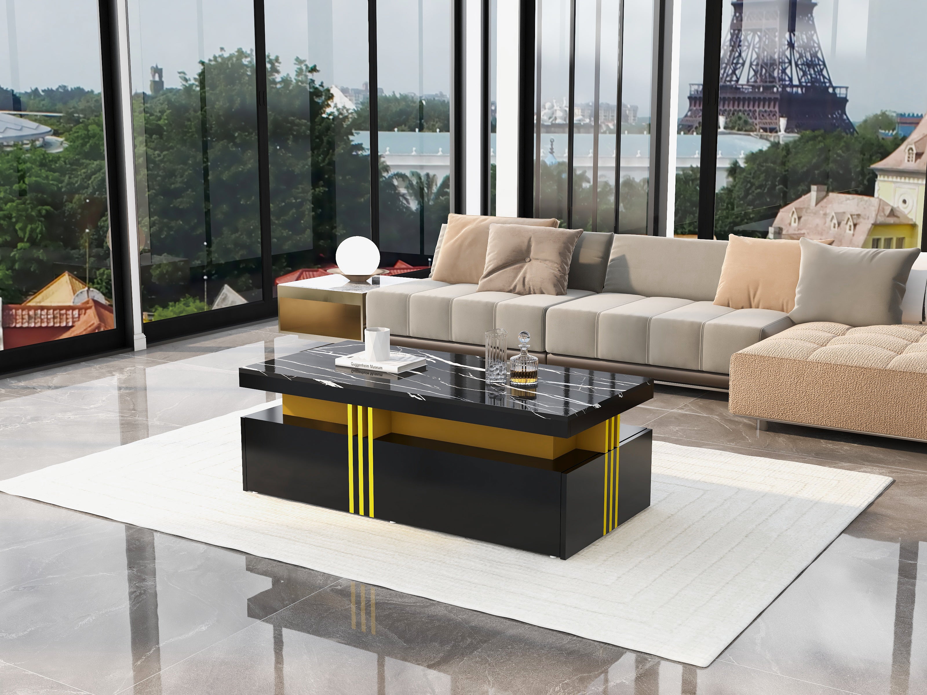 Table basse rectangulaire avec 2 tiroirs - 100x50x40 cm - panneaux de particules - plateau marbré, pour salon - noir - 7
