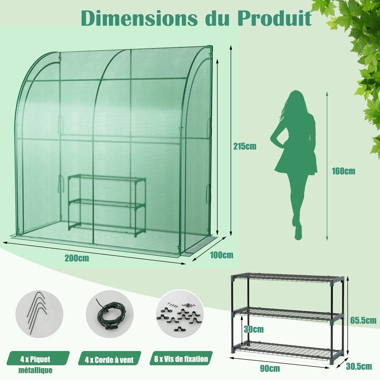 Serre de Jardin Métal 200x100x215 cm, Étagère à 3 Niveaux, Serre Inclinée Accessible en PE, Abri de Jardin Extérieur avec Portes, Gris - 6