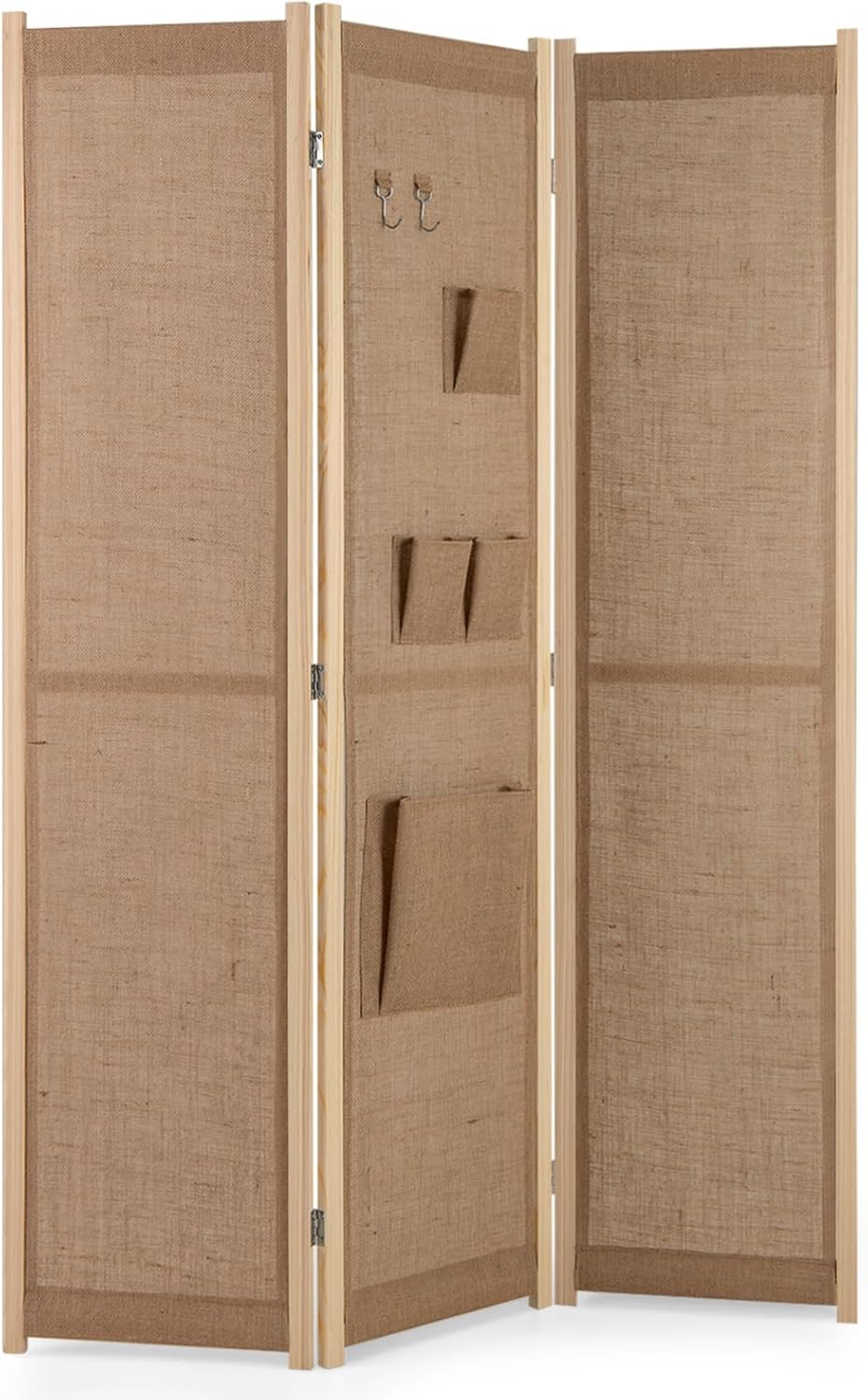 Paravent Interieur 3 Panneaux en Faux Lin avec 4Poches, 2 Crochets, Cordes en Jute et 20 Pinces en Bambou, pour Maison (120x170CM,Naturel(Porche)) - 6