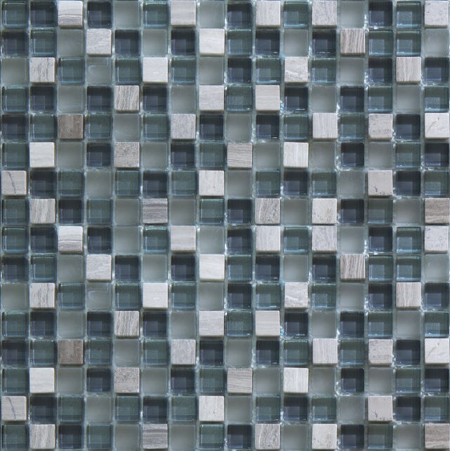 Foglio di mosaico su rete misto in pietra e vetro color grigio per bagno e cucina. Spessore 8 mm .