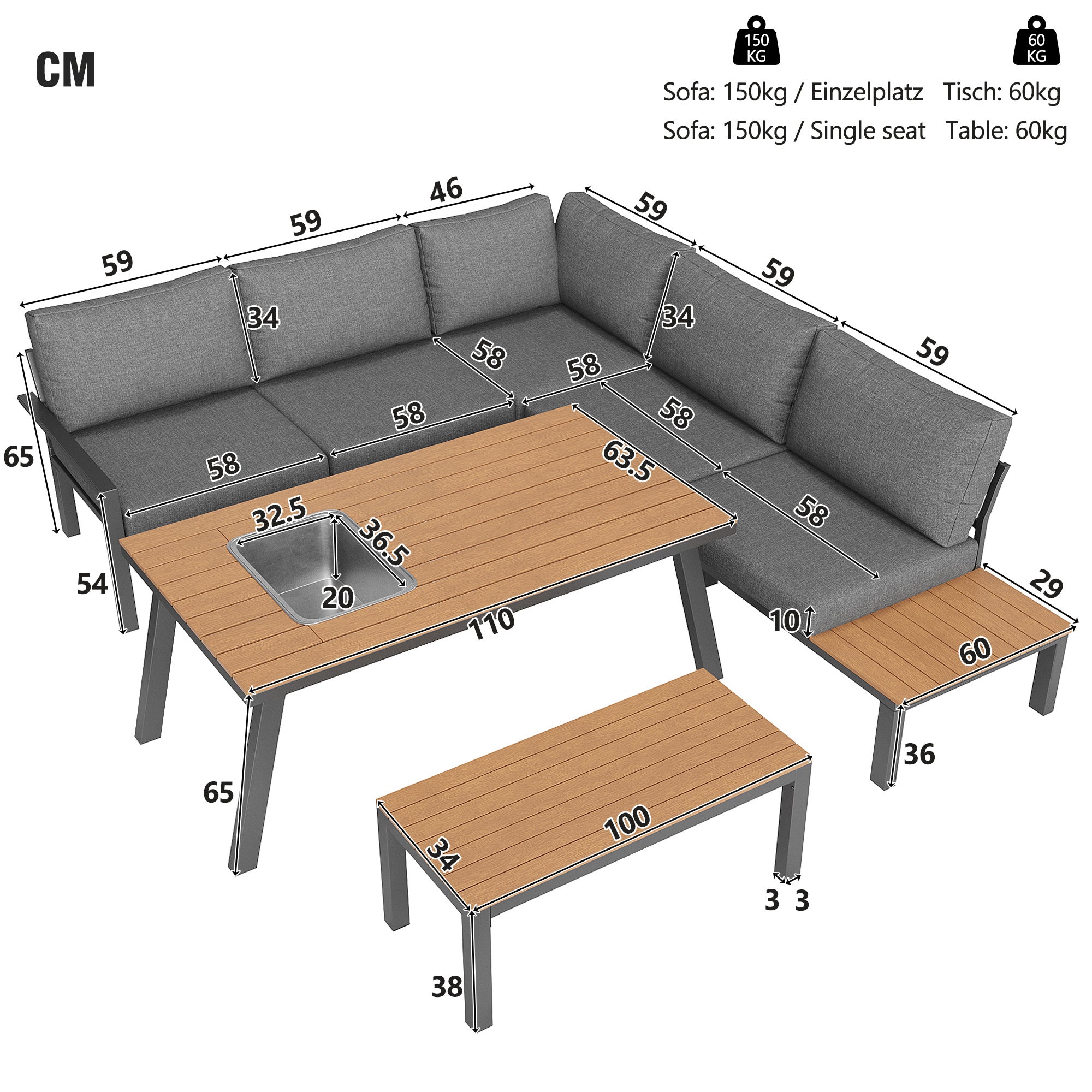 Muebles de jardín modulares en hierro galvanizado: 1 sofá esquinero de 6 plazas + 1 banco + 1 mesa de comedor - Gris + natural - 7