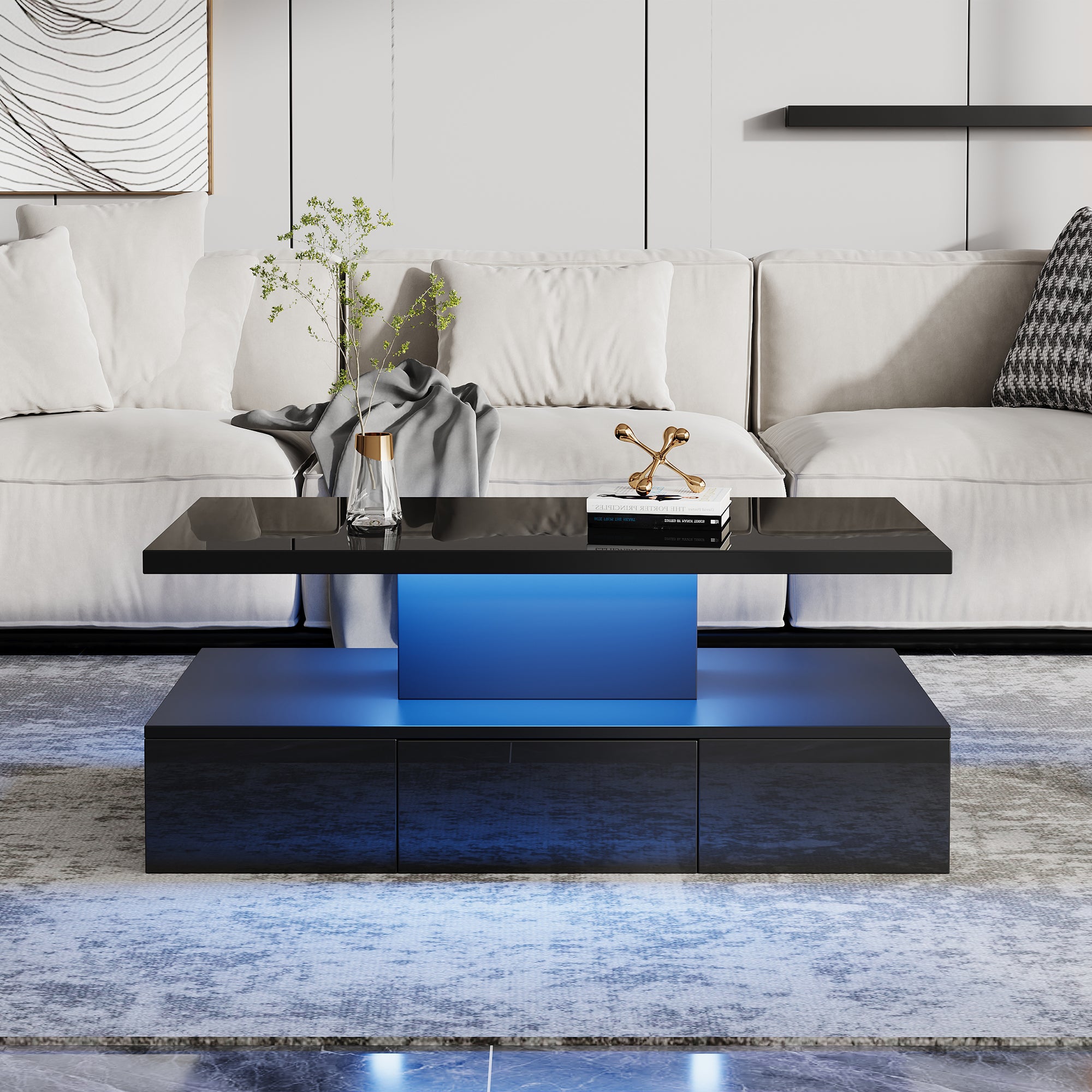 Stolik kawowy z 1 szufladą - 100 x 50 x 39 cm - Diody LED - Płyta wiórowa - Czarny połysk