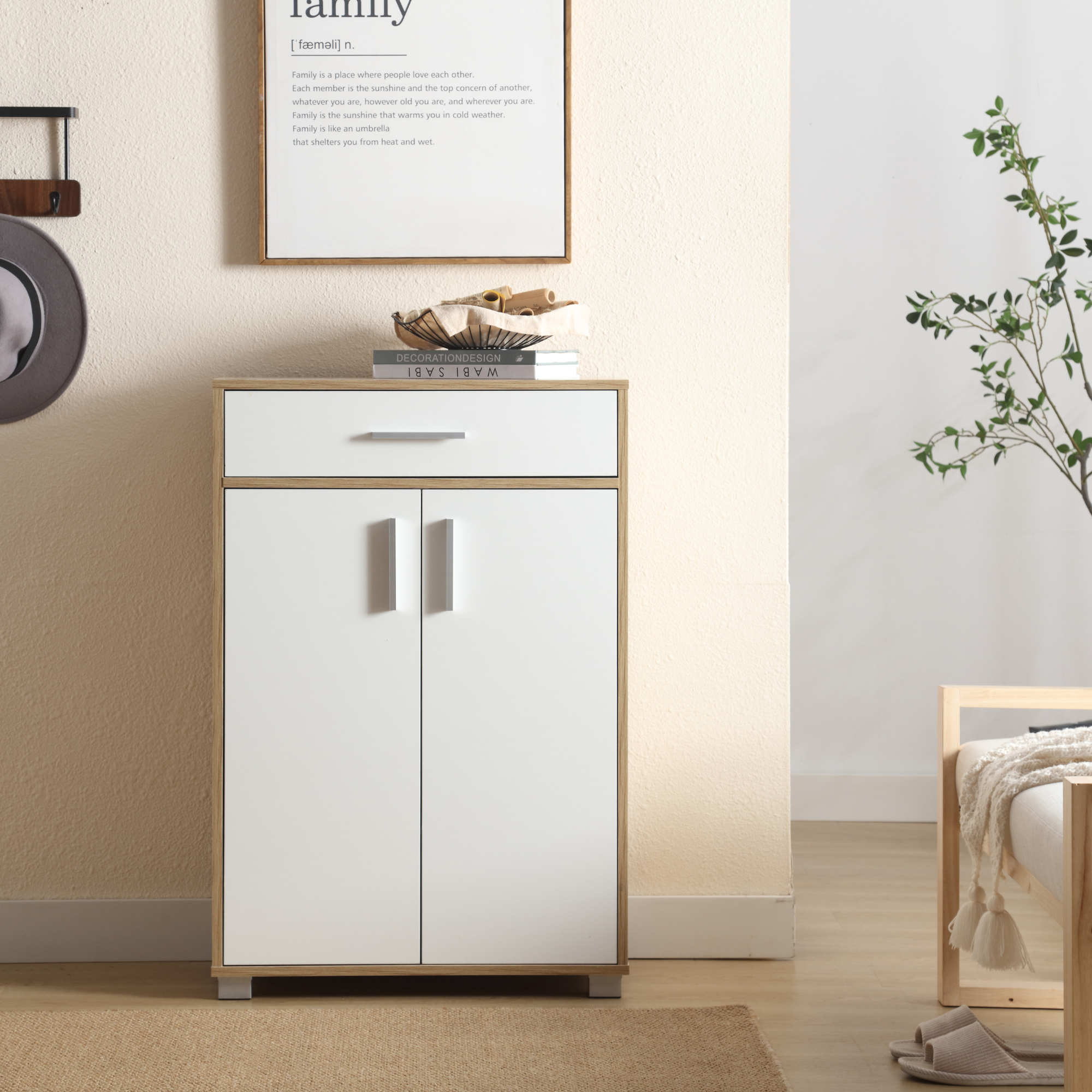 Meuble à chaussures peu encombrant 2 portes 1 tiroir 5 étagères 63 x 33 x 95 cm Meuble en bois Armoire d'entrée, design blanc et chêne - ZIK - 9