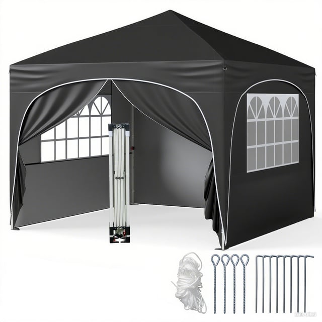 Gazebo Piehevole da Esterno 3x3 m, Gazebo Regolabile in Altezza con Pareti Rimovibili, Borsa con Ruote, Picchetti, Ancoraggi, Corde Vento e Sa