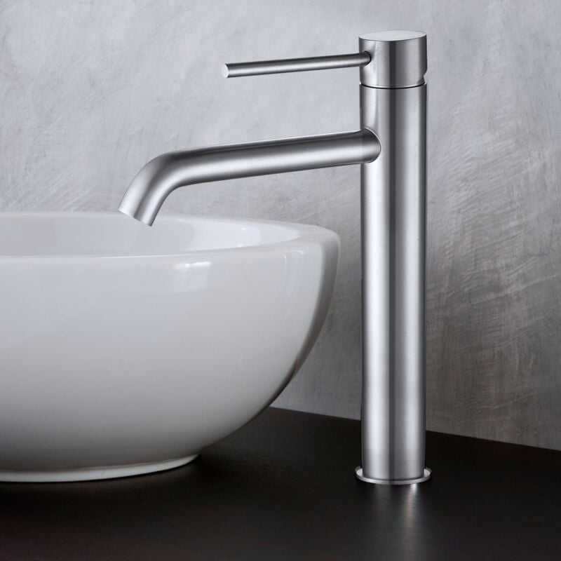 Bateria umywalkowa, bateria do umywalki z wylewką 45°, regulacja ciepłej i zimnej wody, bateria umywalkowa ze stali nierdzewnej - chromowana