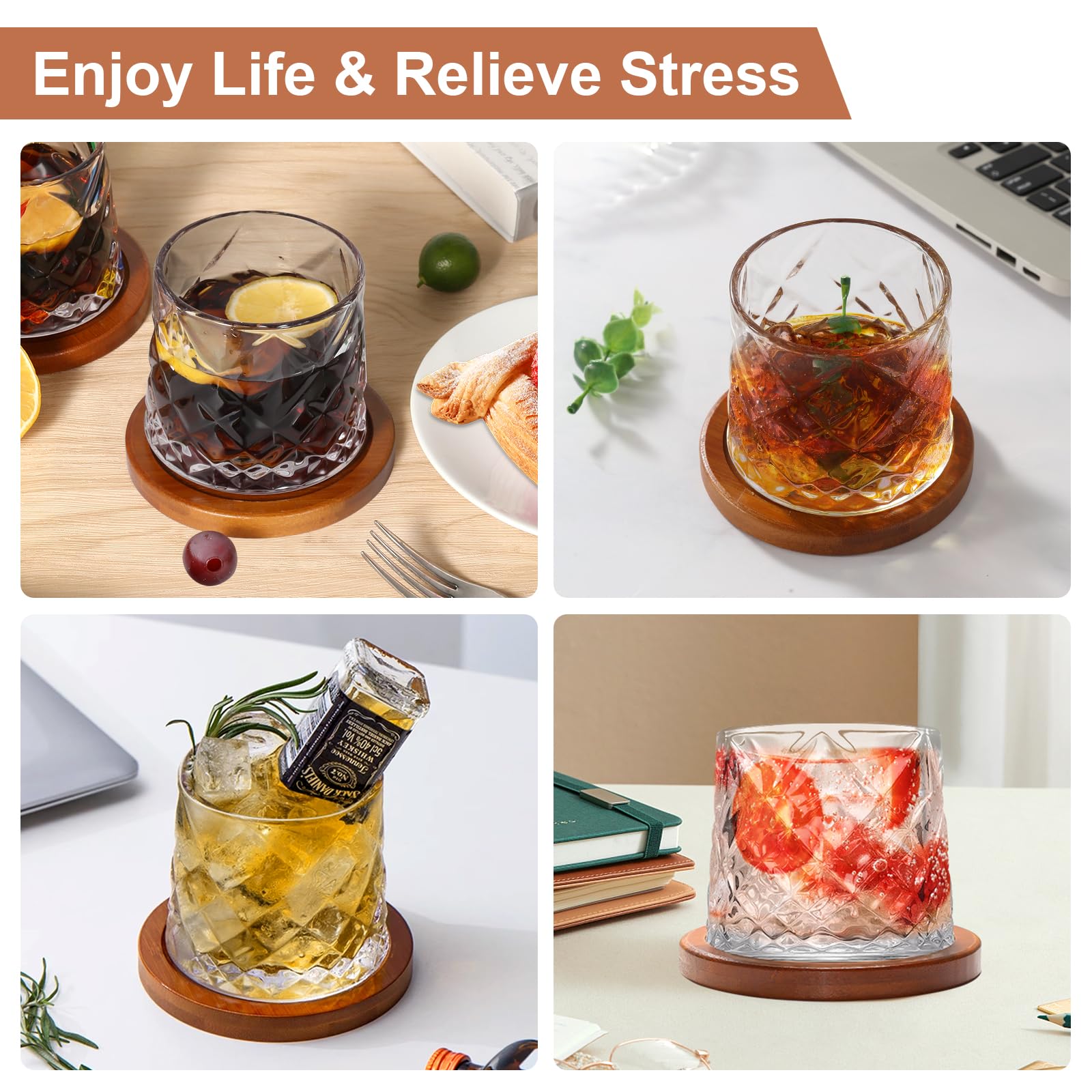 Uten Calice da Acqua Rotante, 275 ML/10 OZ Bicchiere Whisky Cristallo, Sottobicchiere in Bambù, Sensazione Spessa, Coppa da Rum Vetro Latte, Relax e - 4