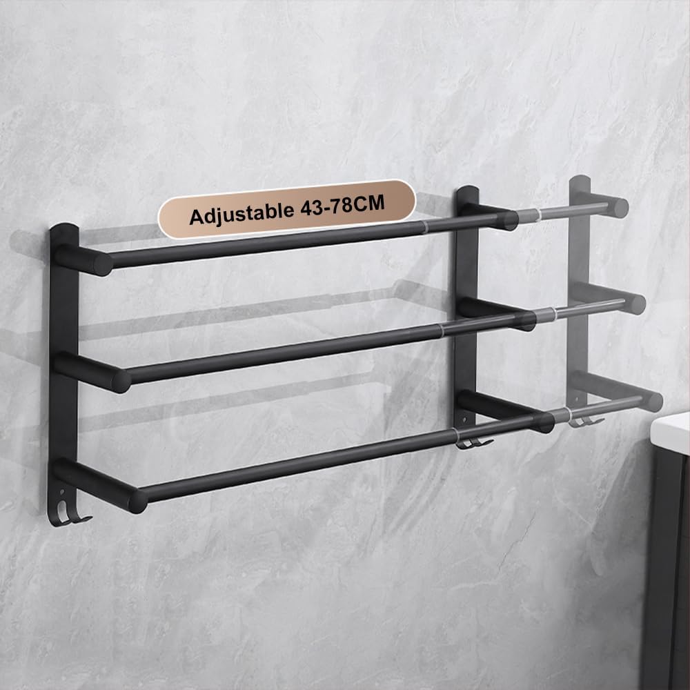 Porte-serviettes de salle de bain en acier inoxydable, rétractable 43-78 cm (noir, 3 niveaux) - 3