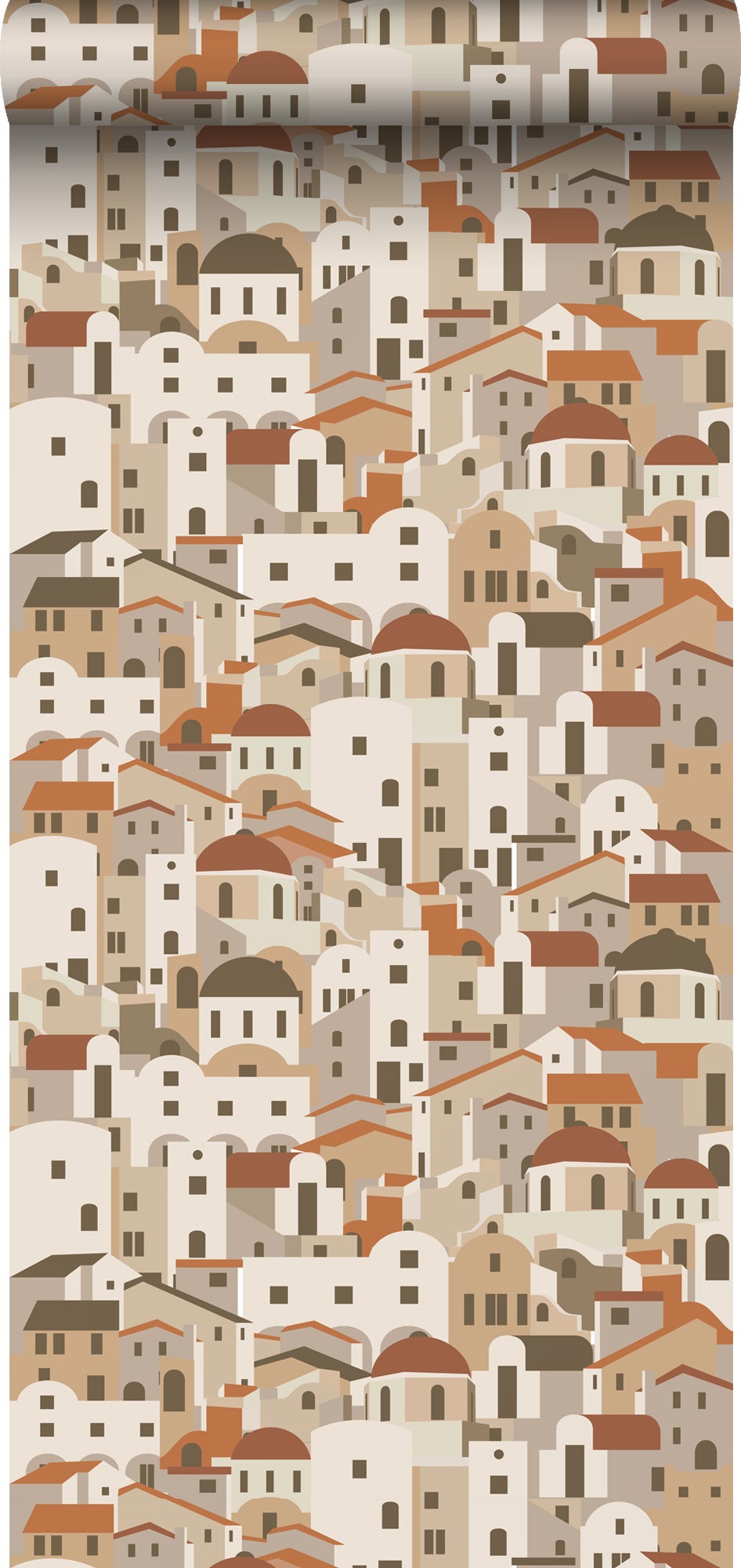 Papel pintado casas mediterráneas beige y rojo barro cocido - 50 x 900 cm - estahome