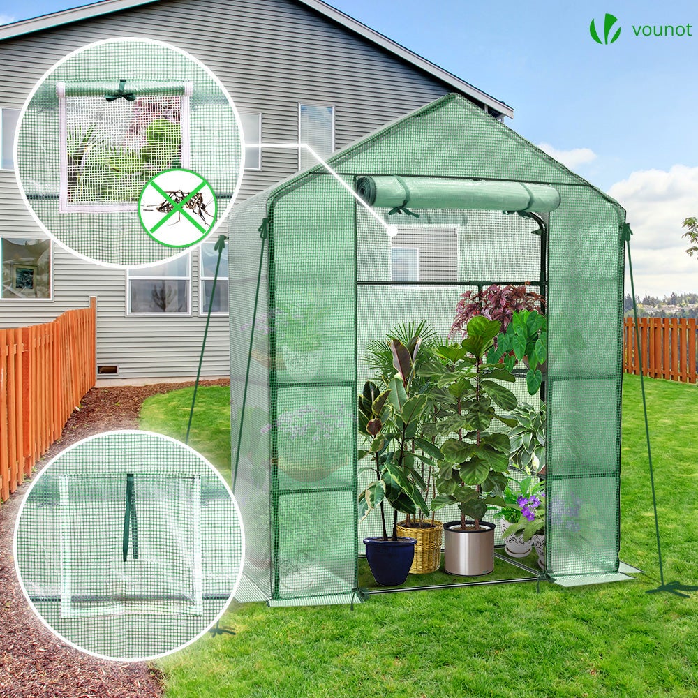 Serre de jardin avec étagères 143x73x195cm vert - bâche renforcée 135g/m², fenêtre moustiquaire, porte enroulable zippée - VOUNOT® - 2