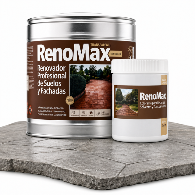 RENOMAX - Resina Hormigon Impreso y Superficies Porosas Al Disolvente + Tinte Hormigon Impreso Color Pizarra, 5L Cubre hasta 50m² | Garantía 5 Años