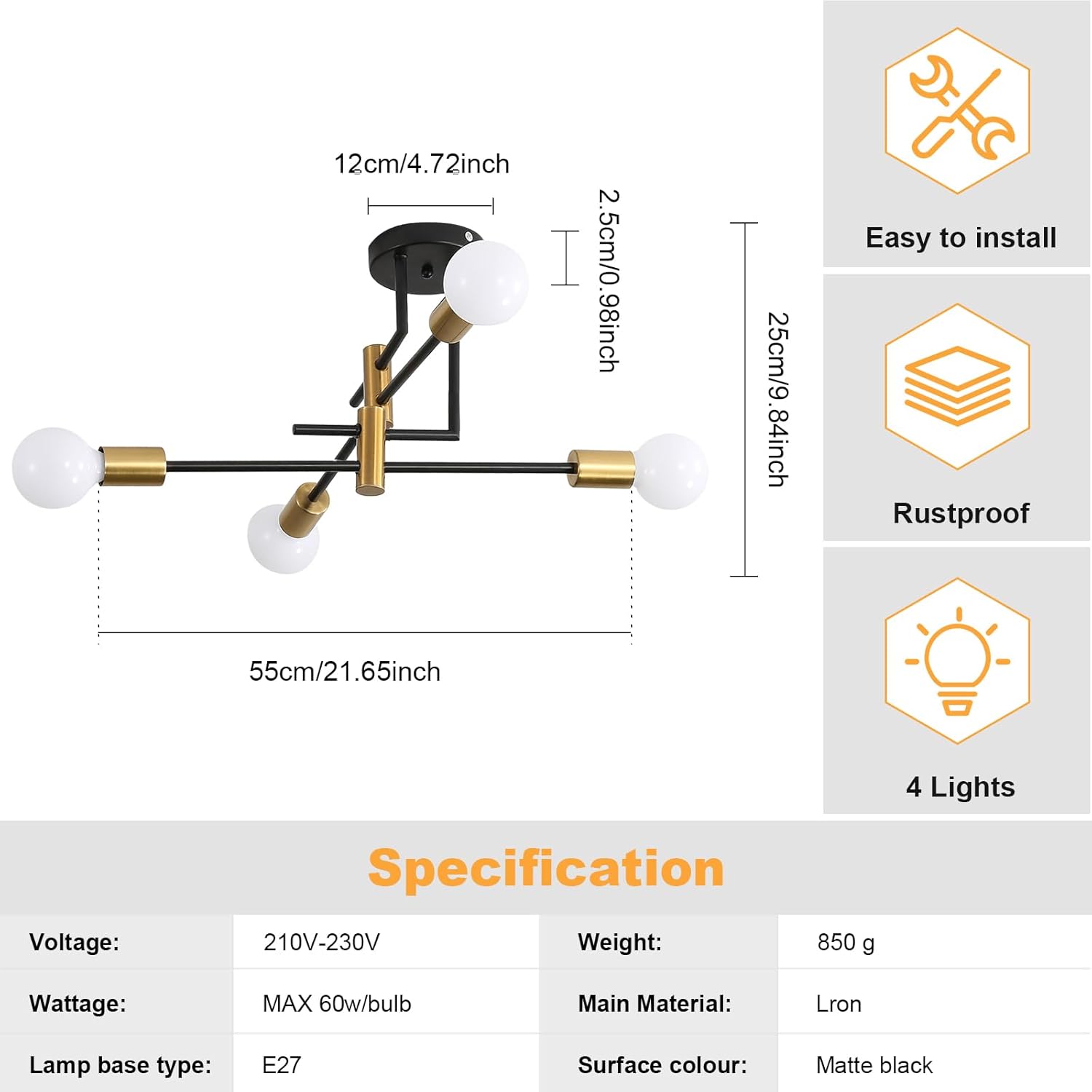 COMELY Lustre Industriel Vintage, Lustre Plafonnier à 4 lumières, E27 Rétro Lampe Suspension Vintage, Plafonnier Noir Intérieur, Lustres pour Chambre - 4