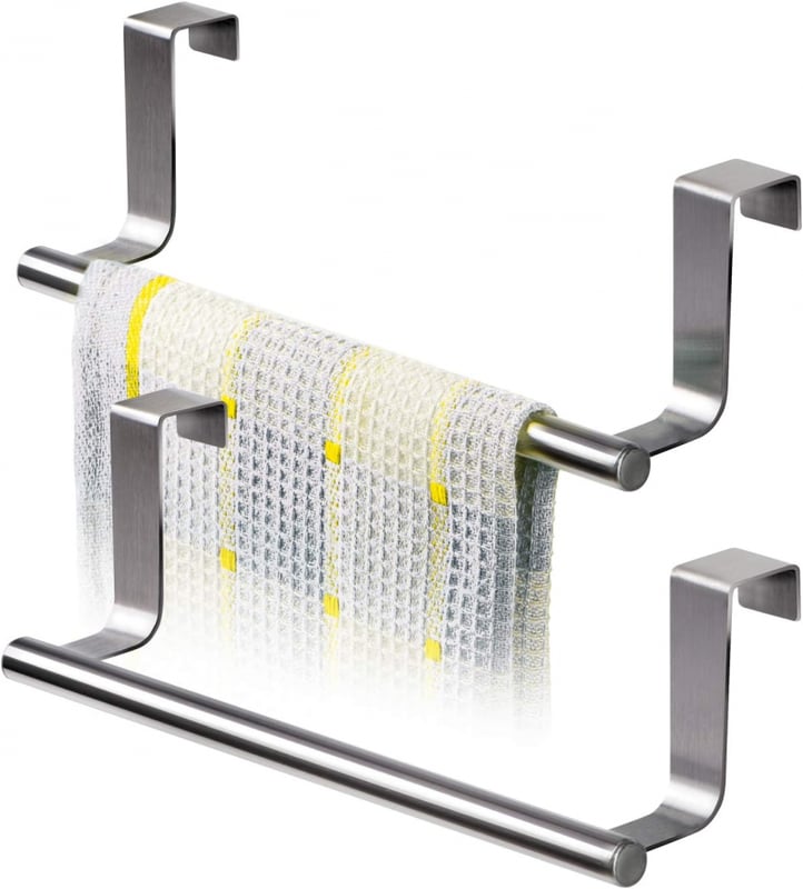 Zestaw 2 wieszaków na ręczniki mocowanych na drzwiach, wyposażonych w pręty ze stali nierdzewnej, które można zawiesić na drzwiach szuflad i szafek b