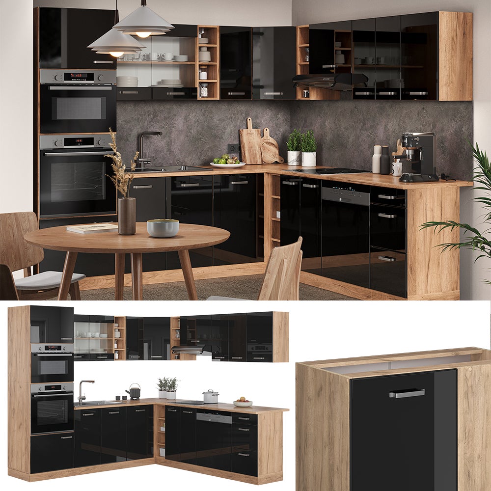 Vicco Cuisine en angle R-Line, Noir Haute brillance/Chêne de force doré, 247 x 237 cm, PT Chêne - 5