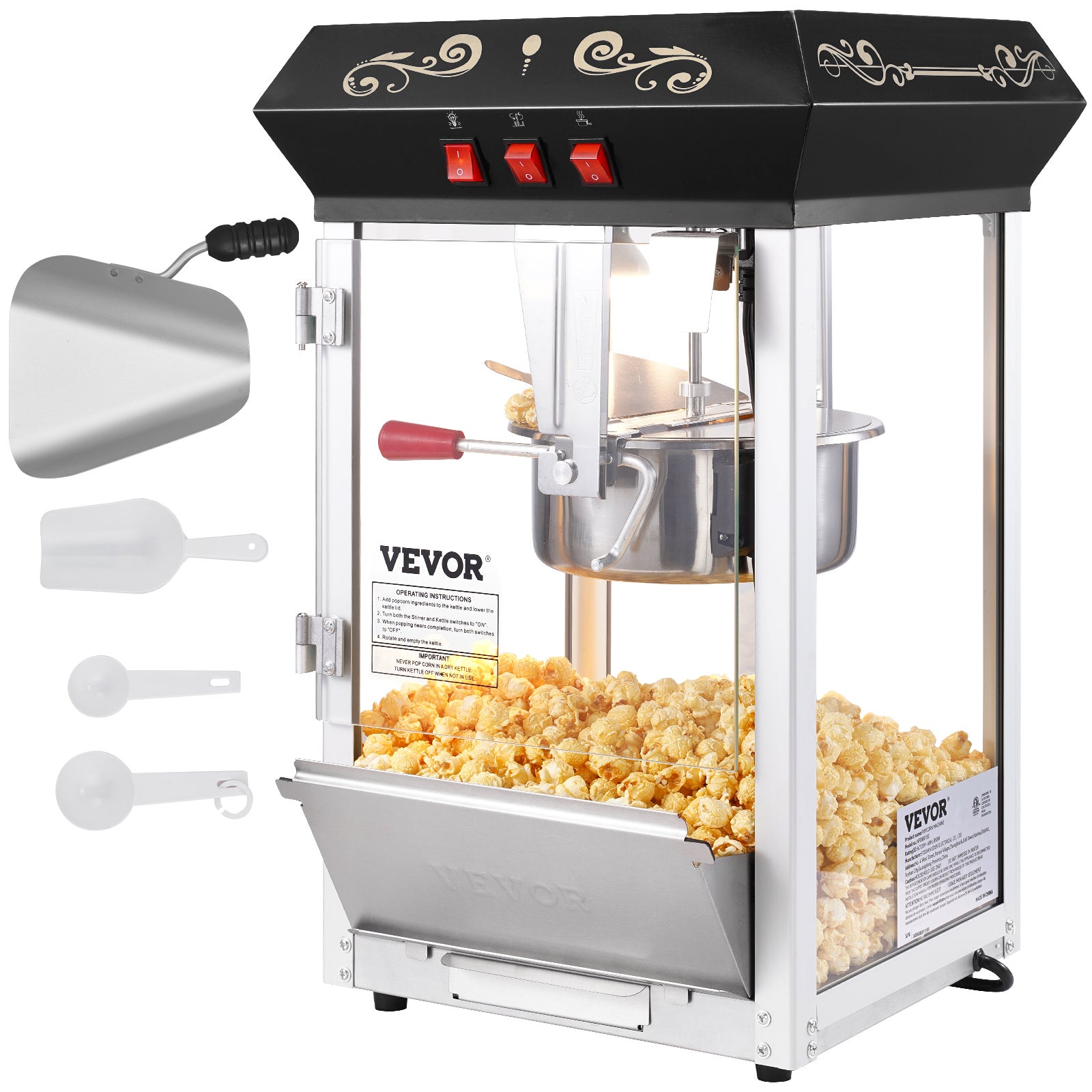 Maszyna do Popcornu VEVOR 850 W, Garnek 227 g / 48 Filiżanek, Szkło Hartowane, 4 Łyżki, Styl Kino, Czarna