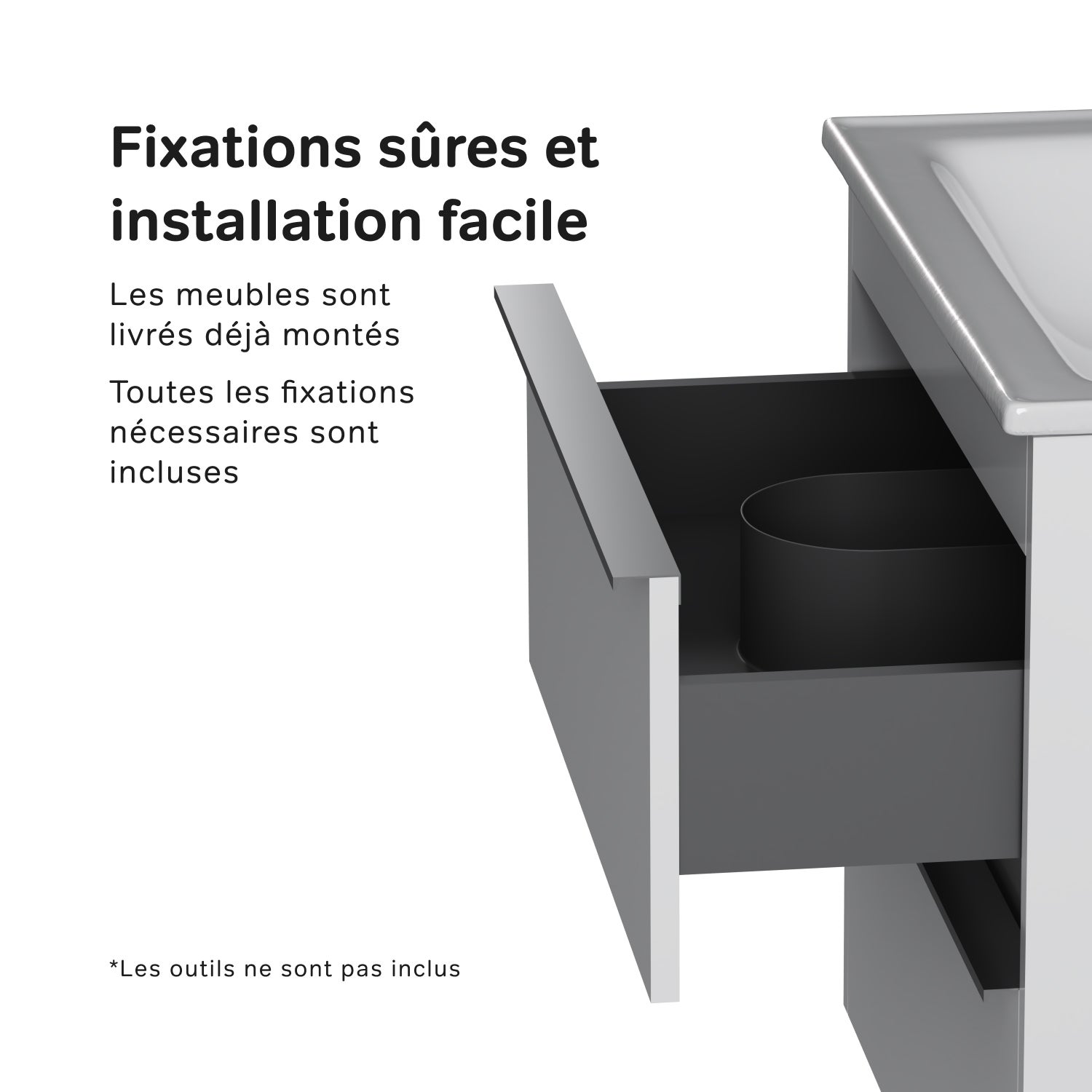 Meuble salle de bains avec Vasque en Céramique Meuble simple vasque suspendu 80 cm avec lavabo intégré, 2 tiroirs, design, Blanc Brillant&nbsp; – AM.PM - 3