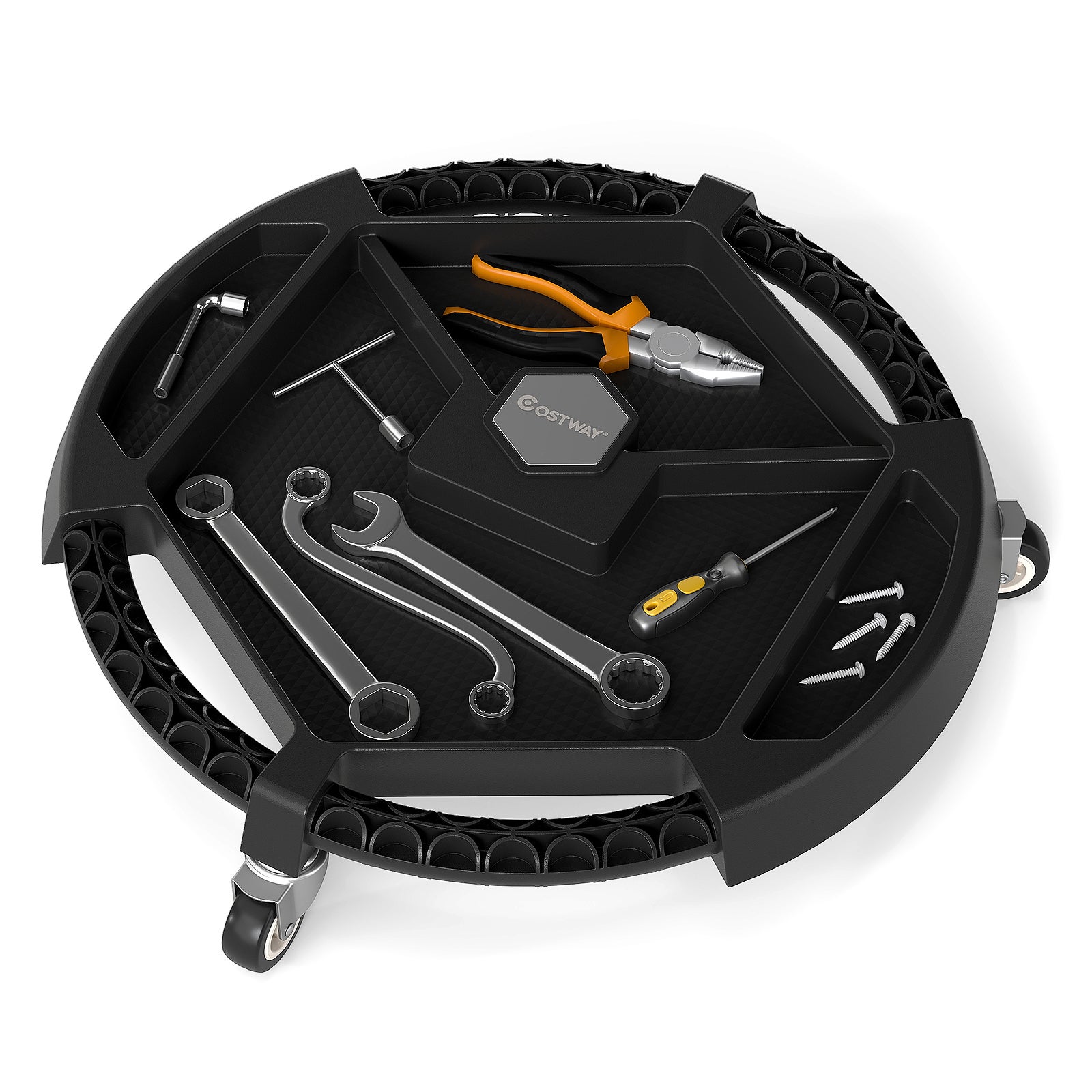 Cărucior rulant pentru scule auto, platformă rotundă universală cu 3 roți pivotante și 4 compartimente, capacitate 13,6 kg, pentru garaj, atelier