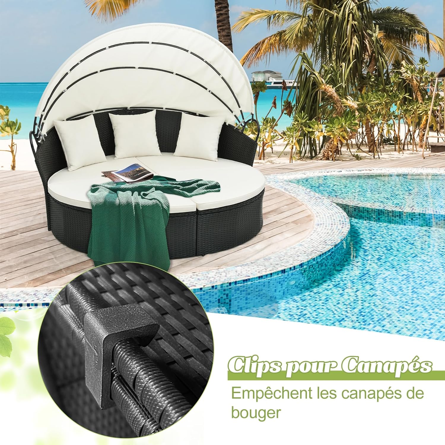 GIANTEX Lit de Jardin Rond en Rotin PE avec Auvent Rétractable, avec Coussins et Oreillers Amovibles Charge 360KG,pour Jardin Porche,Blanc - 8