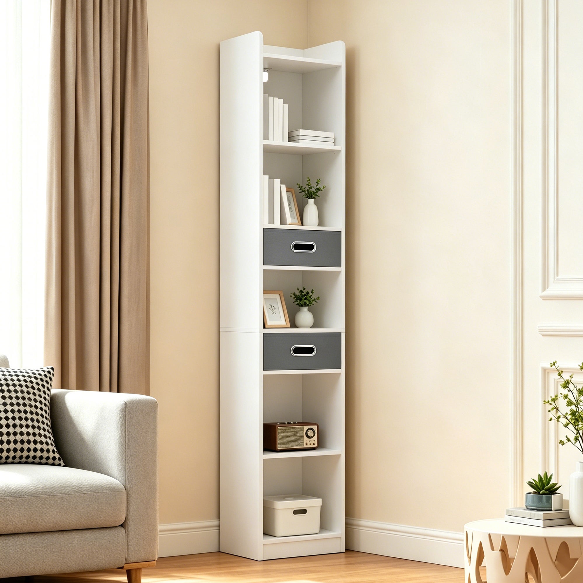 YITAHOME Librería Alta Estrecha 5 Niveles 2 Cajones Tela Blanca (30x24x180) - 2