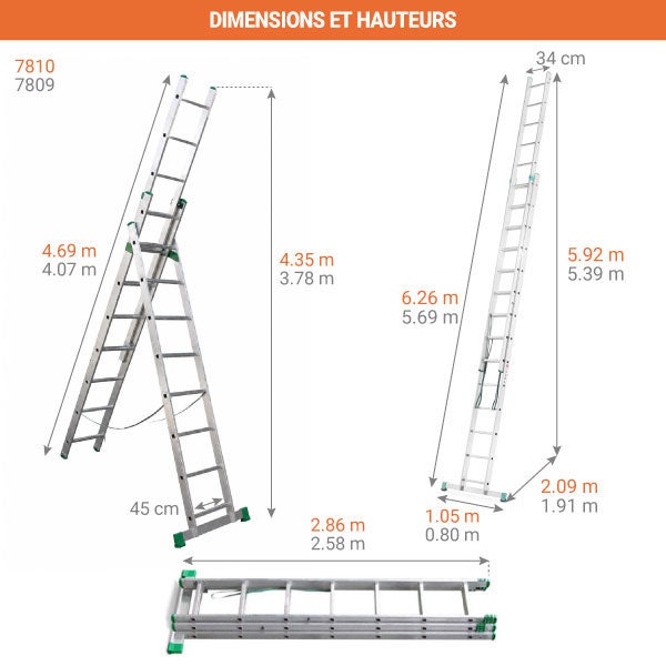 Echelle transformable 3 plans 3x10 barreaux - Longueur max. 6.26m - Sol plat - 7810 - 2