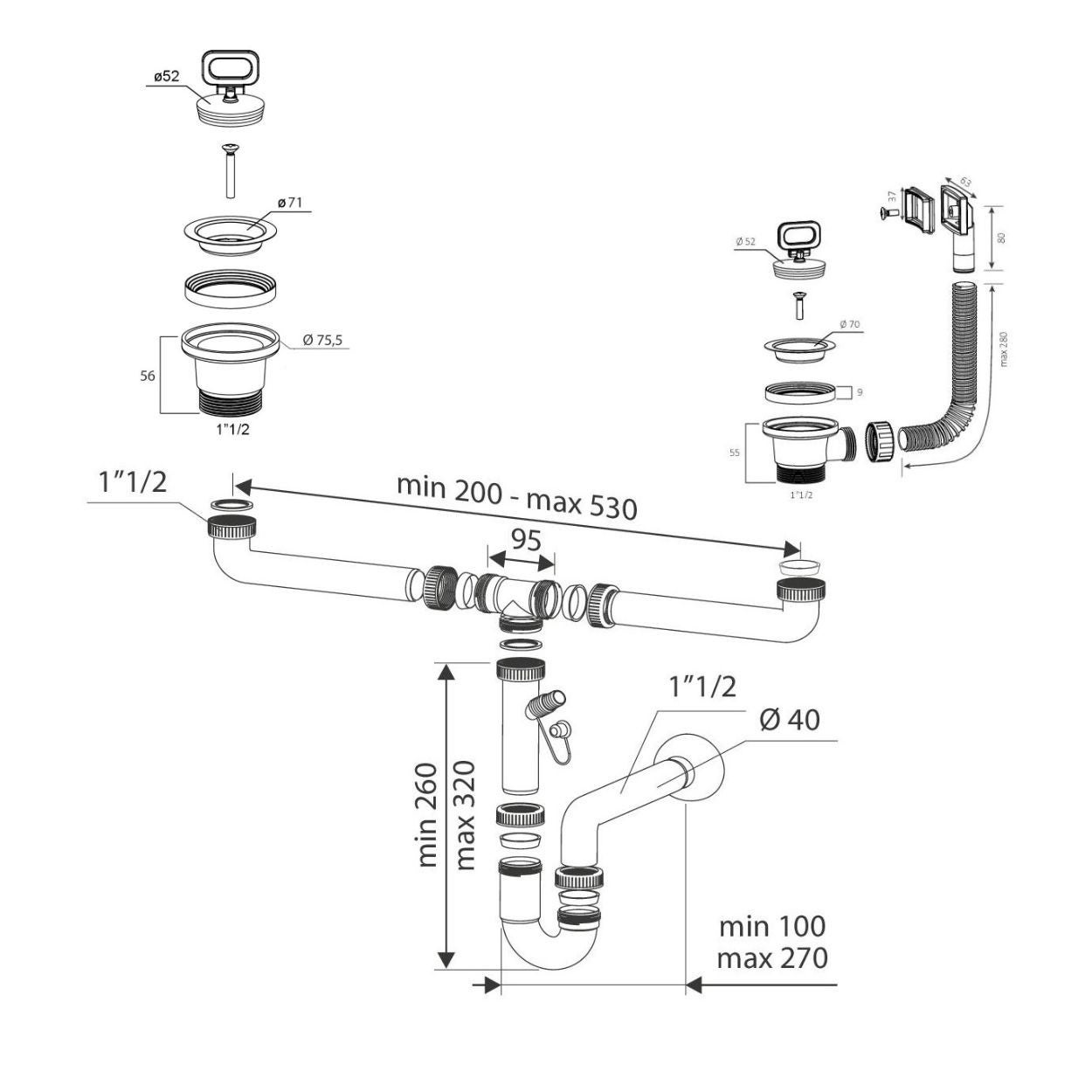 Sifone Amico 2 Vie 1'1/2 Per Lavelli Inox Con Attacco Lavastoviglie - Uscita ø40 Mm - Foto 11