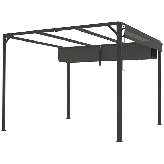 Outsunny Gazebo Pergola Retrattile 3x3 m con Tenda a Rullo e Fori di Drenaggio, in Acciaio e Poliestere Grigio Scuro