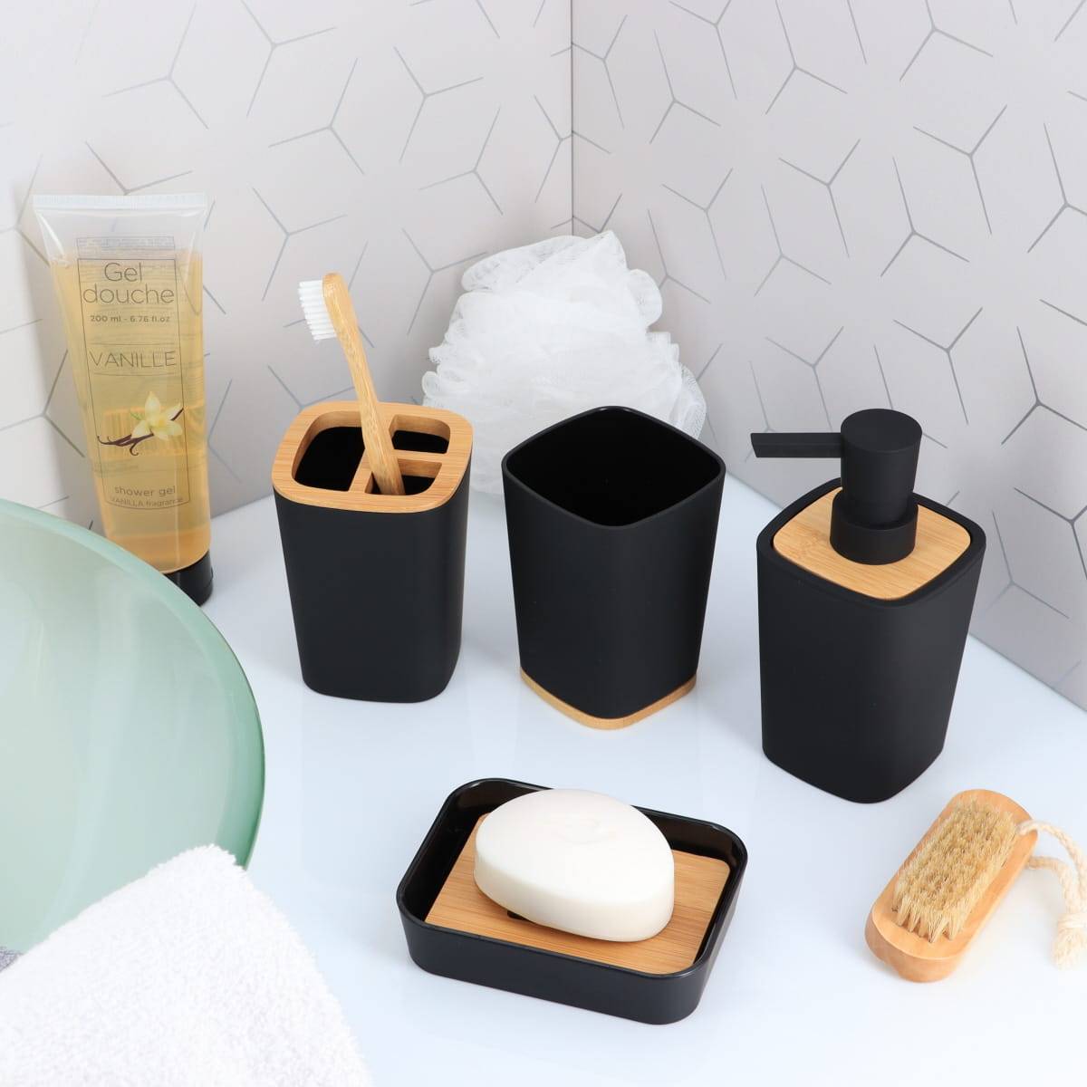 Distributeur a savon rubber + abs et bambou 380 ml - noir - Tendance - 3
