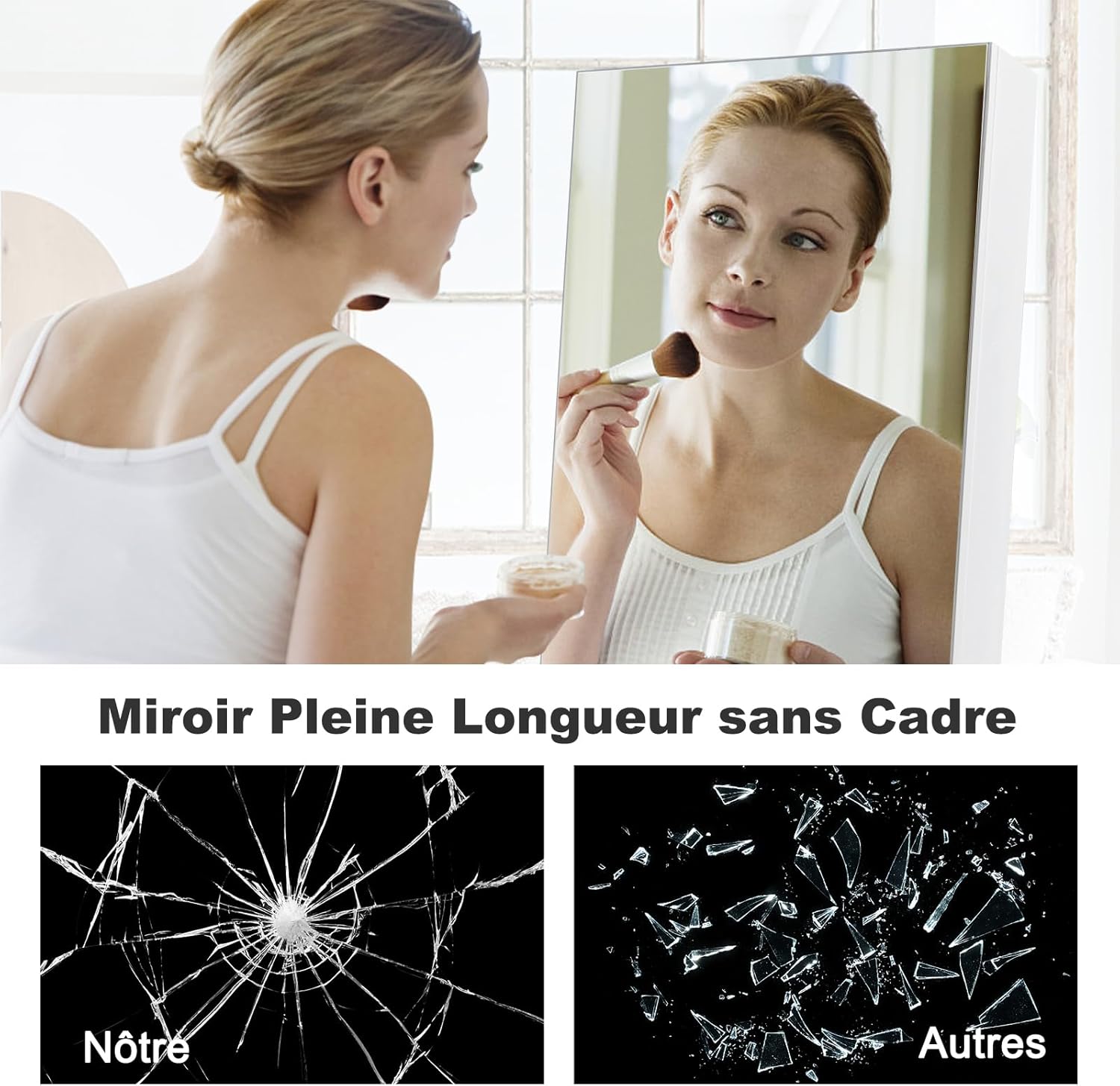 Armoire à Bijoux sur Pied avec Lumières LED et Miroir,avec Miroir Plein Longueur sur le Miroir,Organisateur d'Armoire à Bijoux,3 Etagères (Blanc) - 5