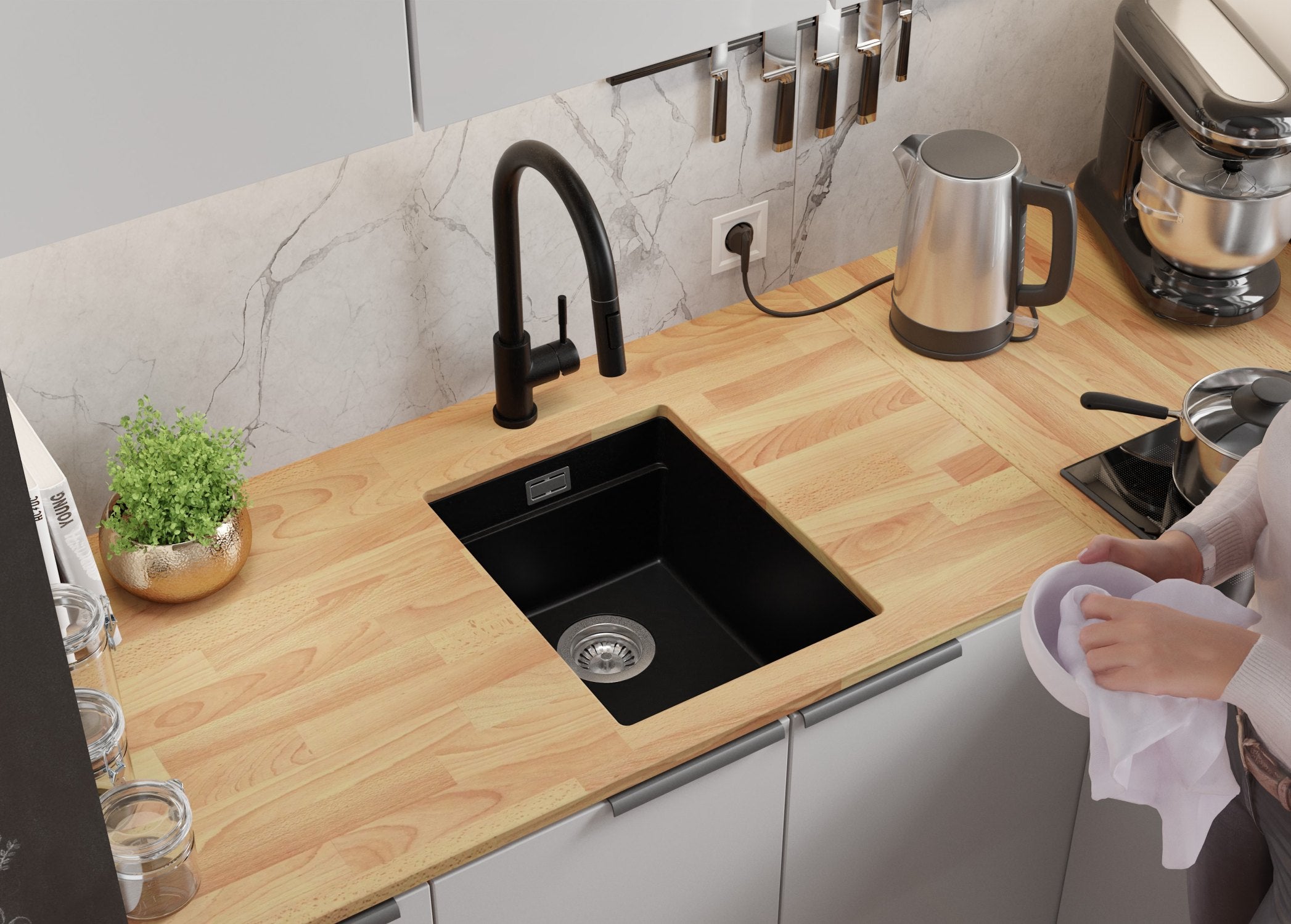 Lavandino sottotop Nero 36x47cm, Lavello in Granito a 1 vasca + Sifone Classico + Accessori, Lavabo da Cucina al mobile 40cm - Prague PRIMAGRAN - 3