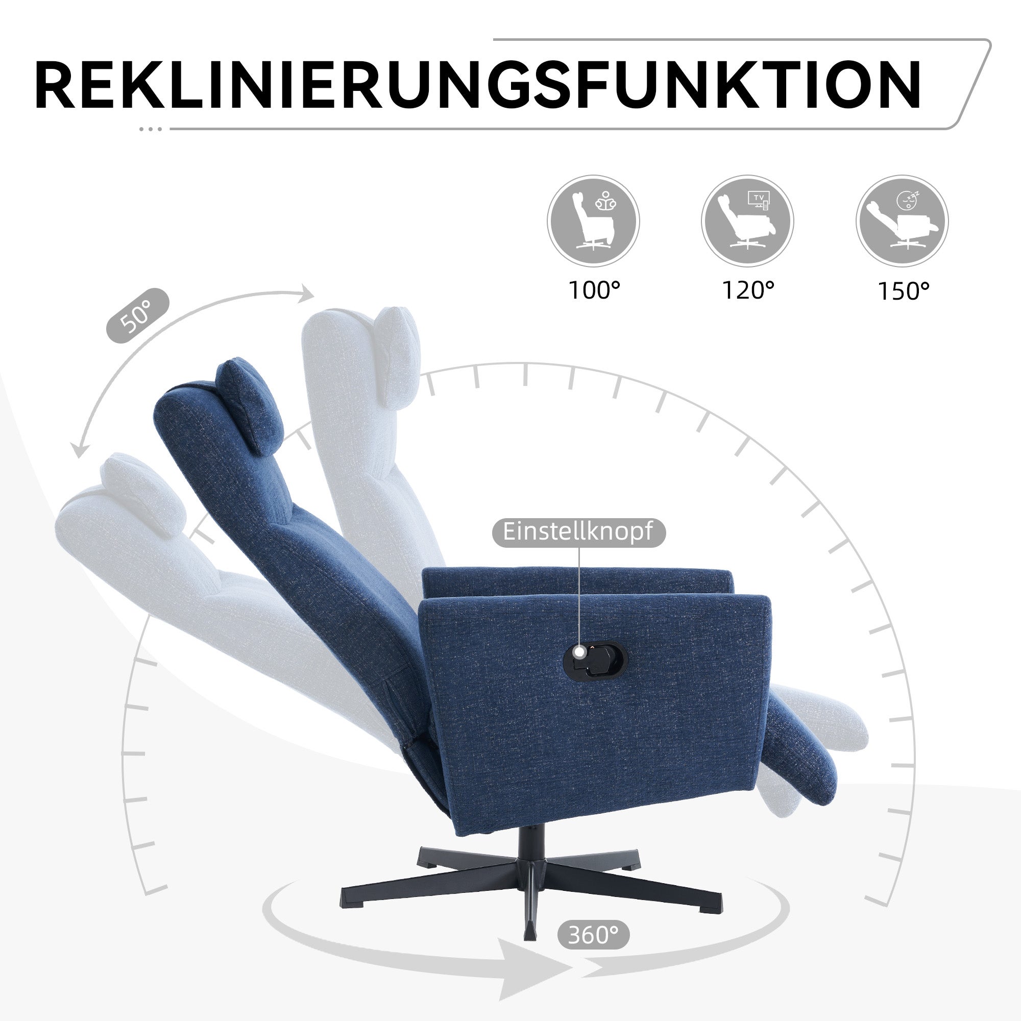 Fauteuil relax bleu avec repose-pieds, inclinable, pivotant 360°, fauteuil TV et lounge pour salon moderne - 5