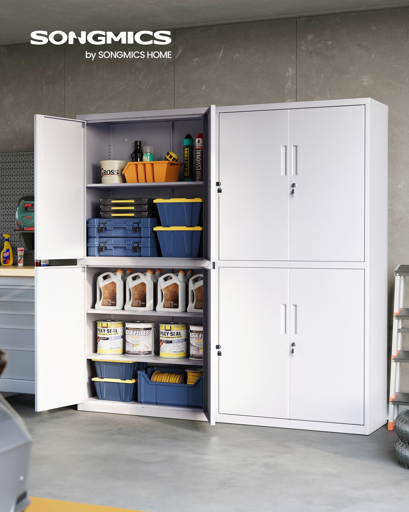Armoire de Garage à 5 Étagères avec 4 Portes, Armoire de Bureau, 40 x 80 x 180 cm, 2 Serrures, Étagères Réglables, en Métal, Blanc Mat - 2