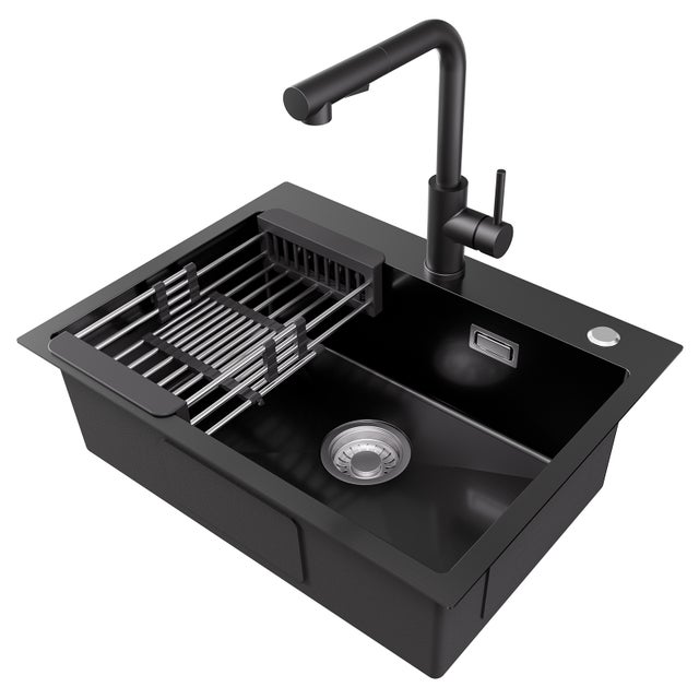 Évier Inox Noir Évier 1 Bac 60×45 CM avec Panier de Drainage et Mitigeur Cuisine Noir avec Douchette Extractible