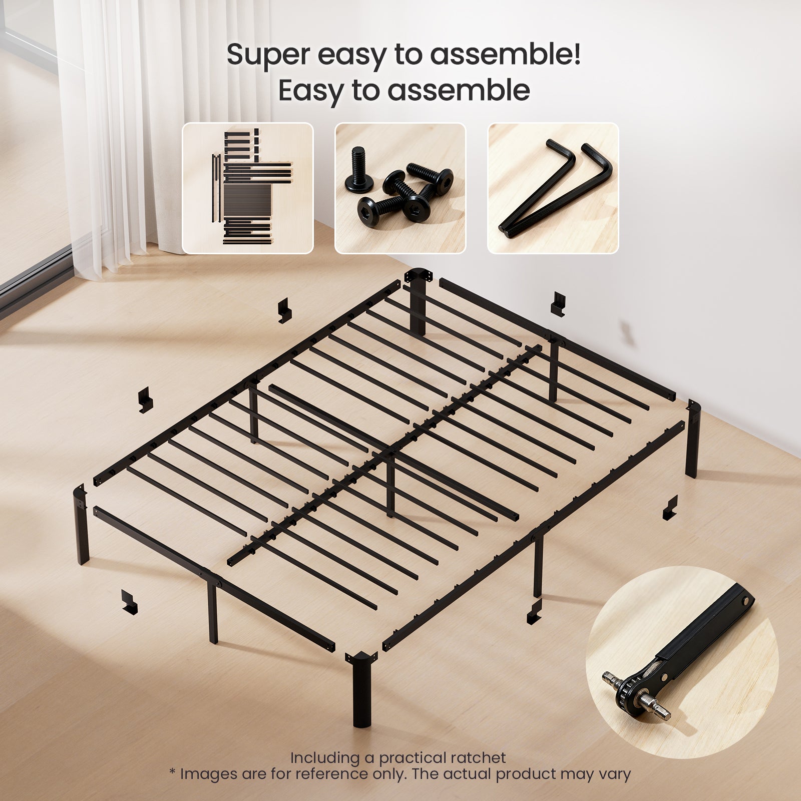 AURALUM MAX Cadre de Lit Double 140x200 cm Métal Noir, Sommier Plateforme avec Pieds Éventail, Structure Robuste 500 kg, Rangement 32 cm Silencieux - 2