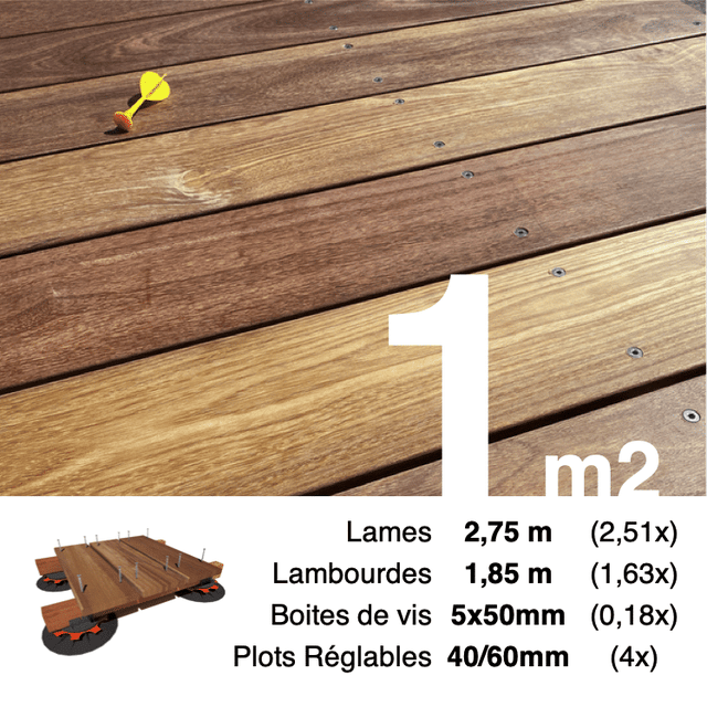 Kit complet terrasse bois exotique CUMARU pour 1 m² • Lames 2,75 m, lambourdes 1,85 m, plots réglables et visserie Inox