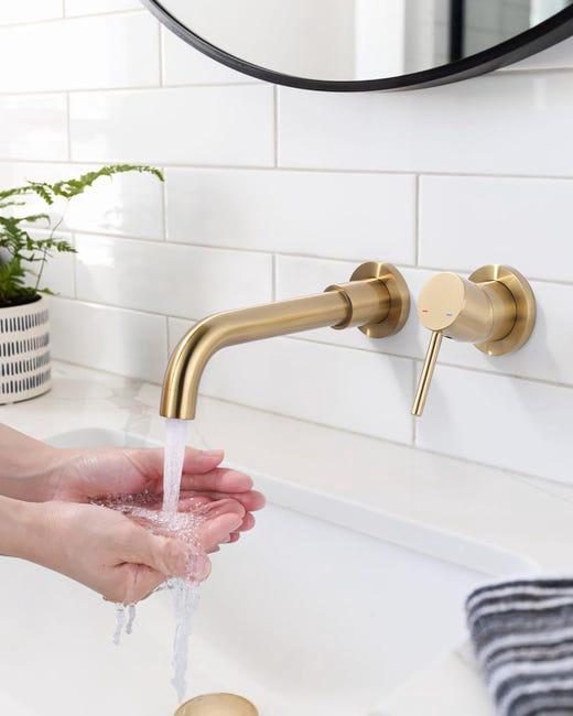 Mitigeur Lavabo Mural Rotatif à 360°Robinet Salle de Bain pour Baignoire et Lavabo Robinetterie Lavabo Encastré Mural Design Moderne, Or brossé