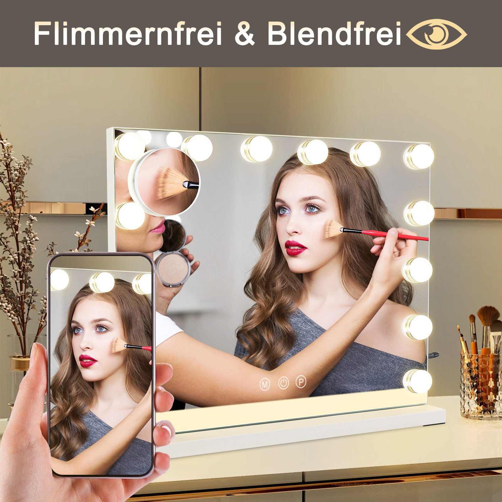 Nettlife Miroir de Maquillage Hollywood avec Éclairage LED - Miroir de Coiffeuse Grand Format 50x40cm avec 14 Ampoules, Port USB, Dimmable - 6