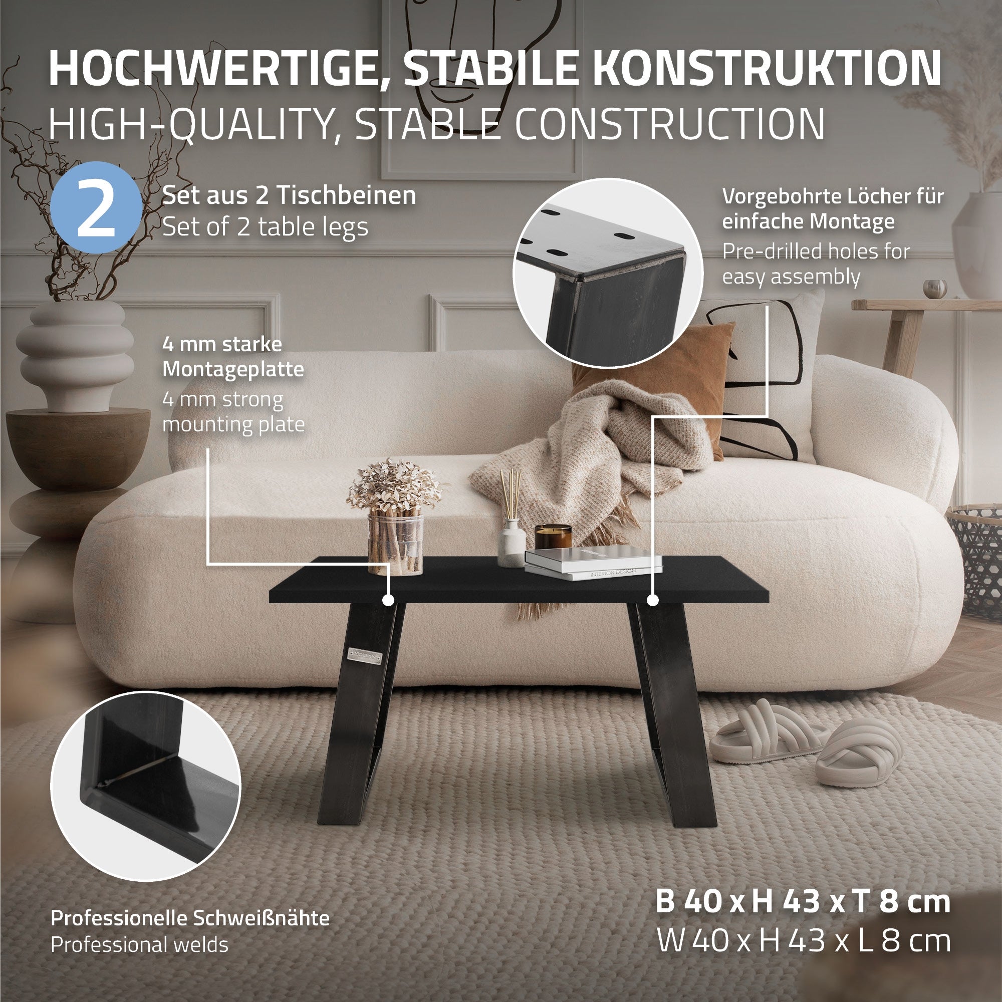 Refue Set Di 2 Gambe In Acciaio Per Tavolo Da Pranzo, 50 × 45cm - Foto 2