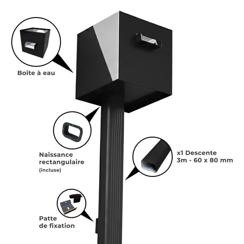 Kit évacuation eaux pluviales aluminium 60×80 mm – boîte à eau + descente 3 m – fixation incluse – maison plain-pied – noir foncé - 2