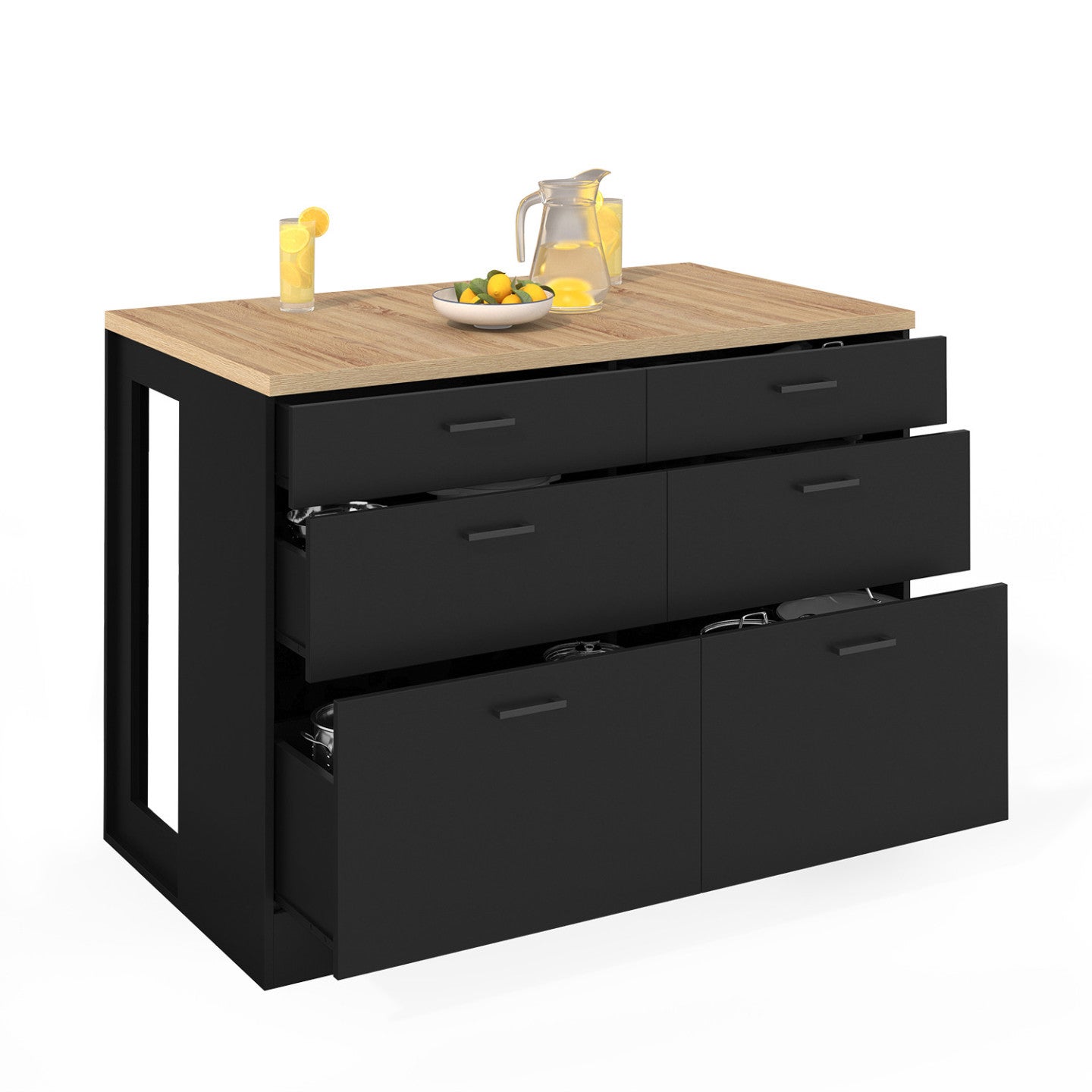 Ilot central mange-debout ORSO 120 cm casserolier 6 tiroirs noir avec plan de travail façon hêtre - 2