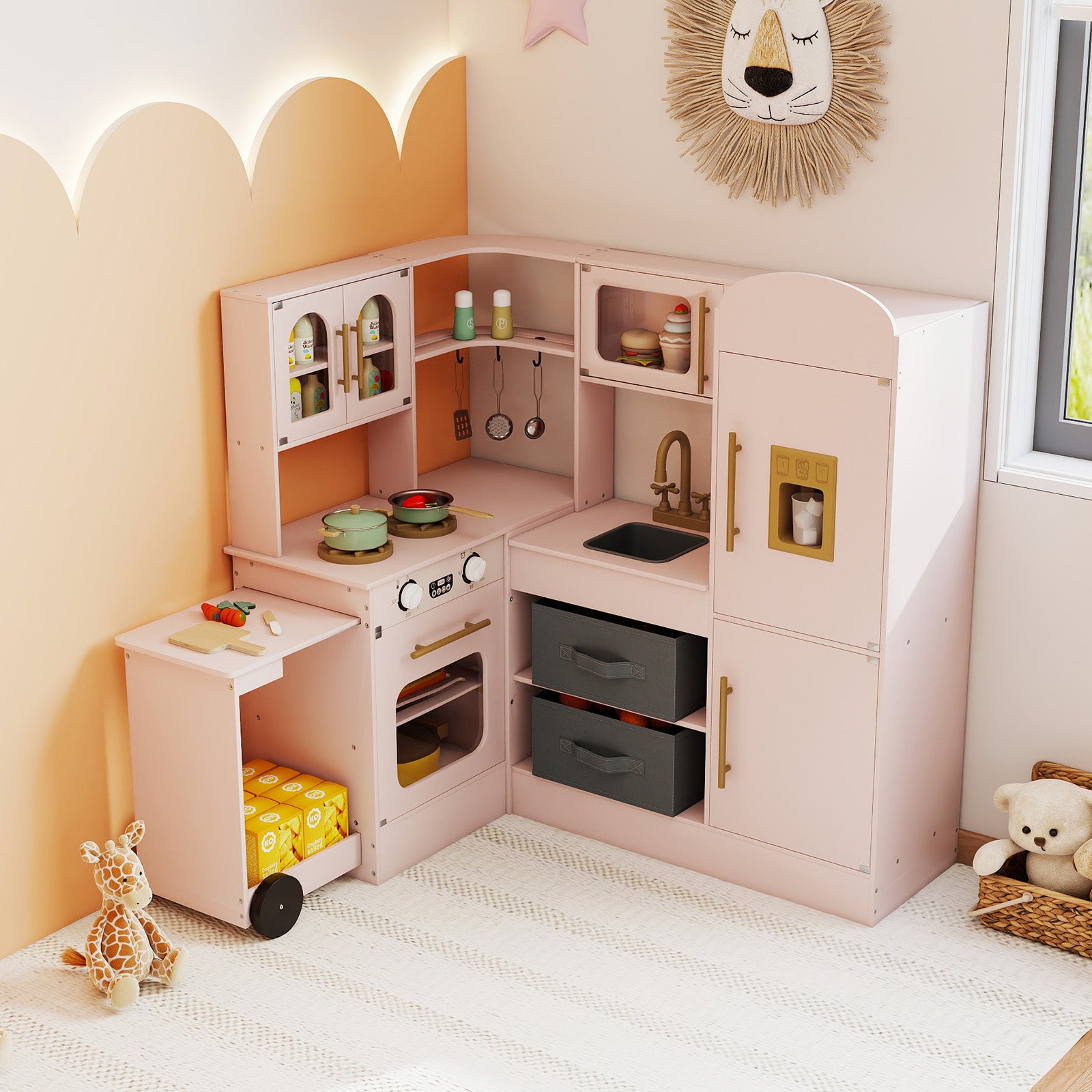 COSTWAY Cuisine D’angle Enfant En Bois – Comptoir Rétractable, Lumières Sons, Réfrigérateur, Machine à Glaçons – 3 Ans+ – Blanc/rose
