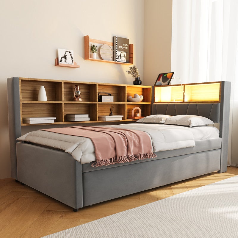 Sofa rozkładana 90x200 - z łóżkiem wysuwanym 90x190 cm - z wtyczką USB - dużo miejsca do przechowywania - łóżko tapicerowane - Ciemnoszary