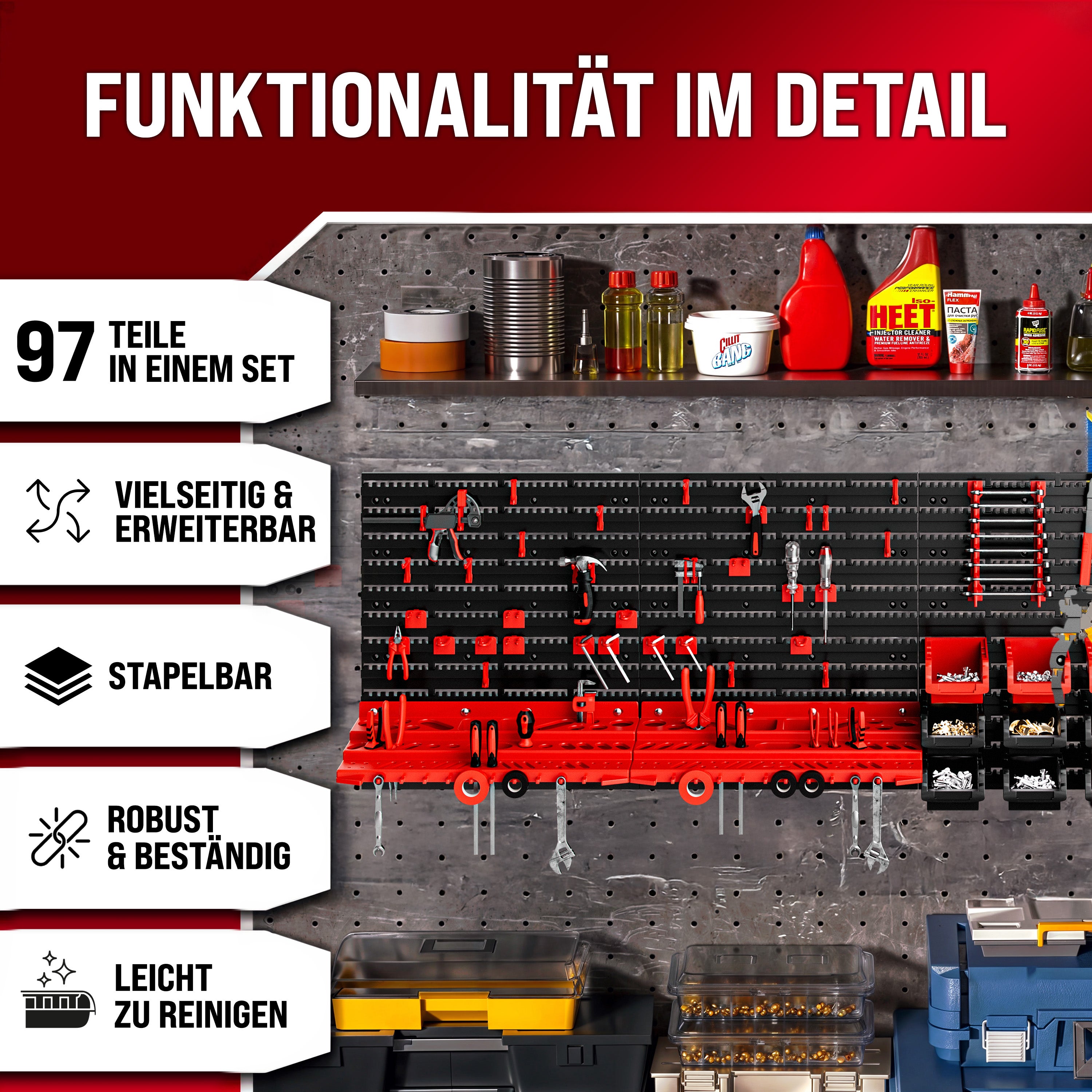 MONZANA® Panneaux muraux pour outils avec 68 supports et 28 boites de rangement empilables porte-outils bricolage atelier - 7