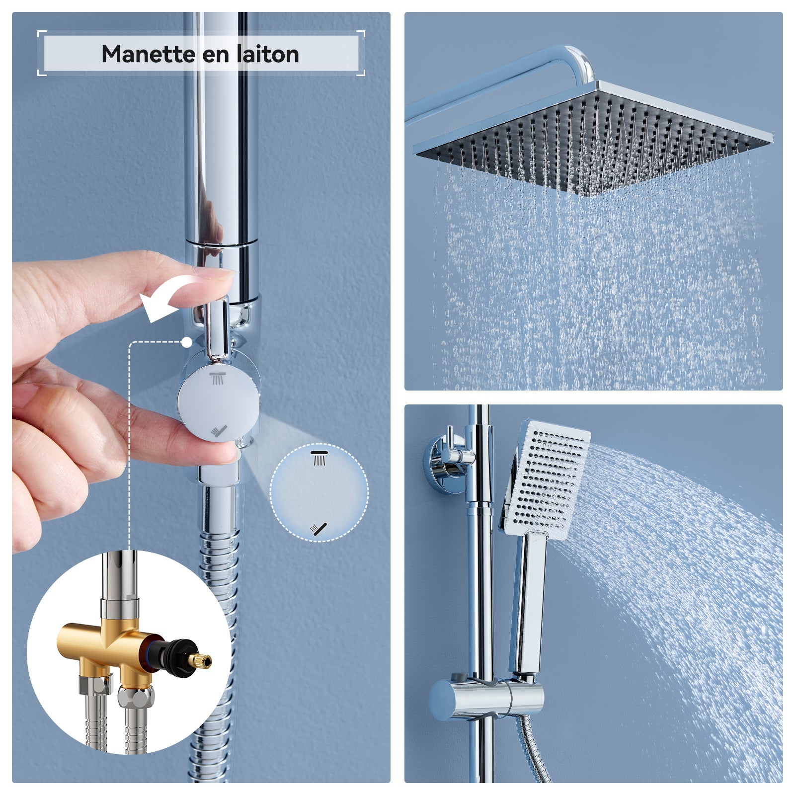 Auralum max Colonne Douche Sans Robinet en Inox Chromée- Ensemble Mural Réglable Avec Pommeau Effet Pluie Carré(25.5*25.5 CM),Douchette/Étagère - 4