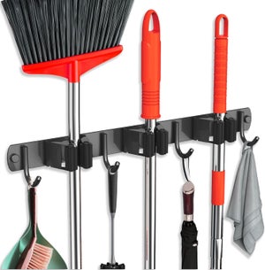 Supporto Per Scope E Mocio Da Parete In Acciaio Inox – Organizer Con 3 Rastrelliere E 4 Ganci, Carico Fino A 4,5kg (Nero, 41,4 Cm) - 4