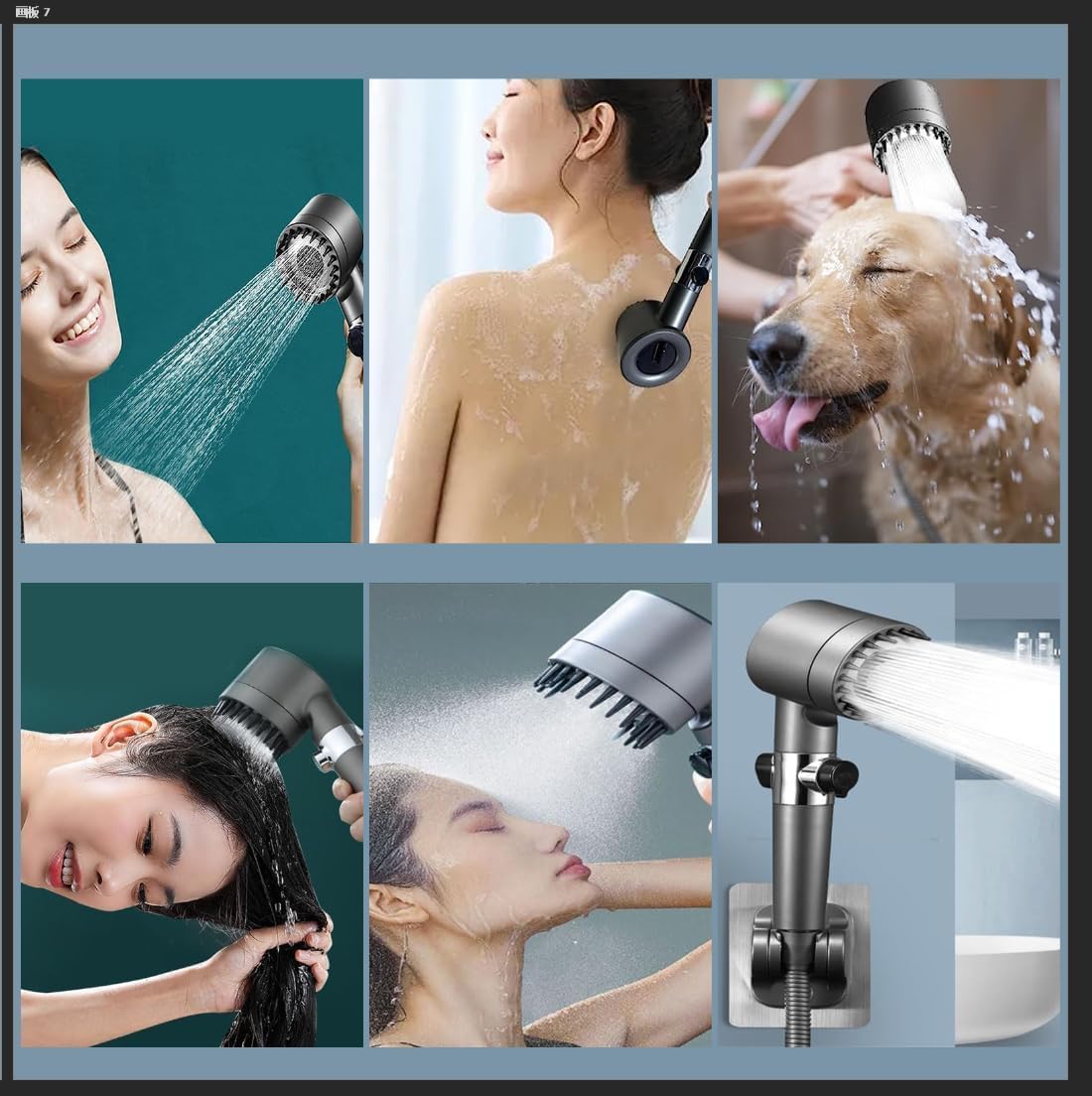 Pommeau de douche haute pression anticalcaire avec flexible de 1,5 m et support de douche, 4 types de jets, gris - 8