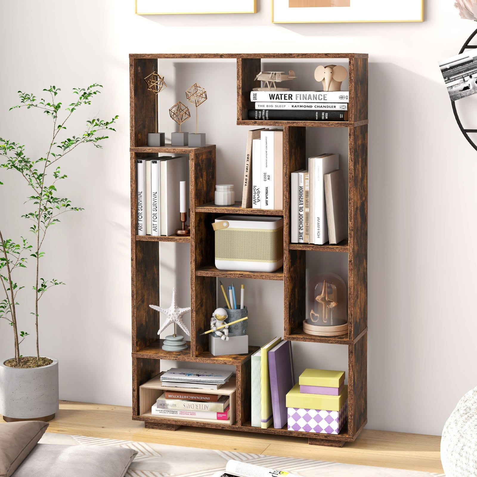 Bibliothèque Géométrique de 120 cm, Etagères Ouvertes, Etagère de Rangement Autoportante avec Kits anti-basculement, pour Bureau, Salon, Marron - 6